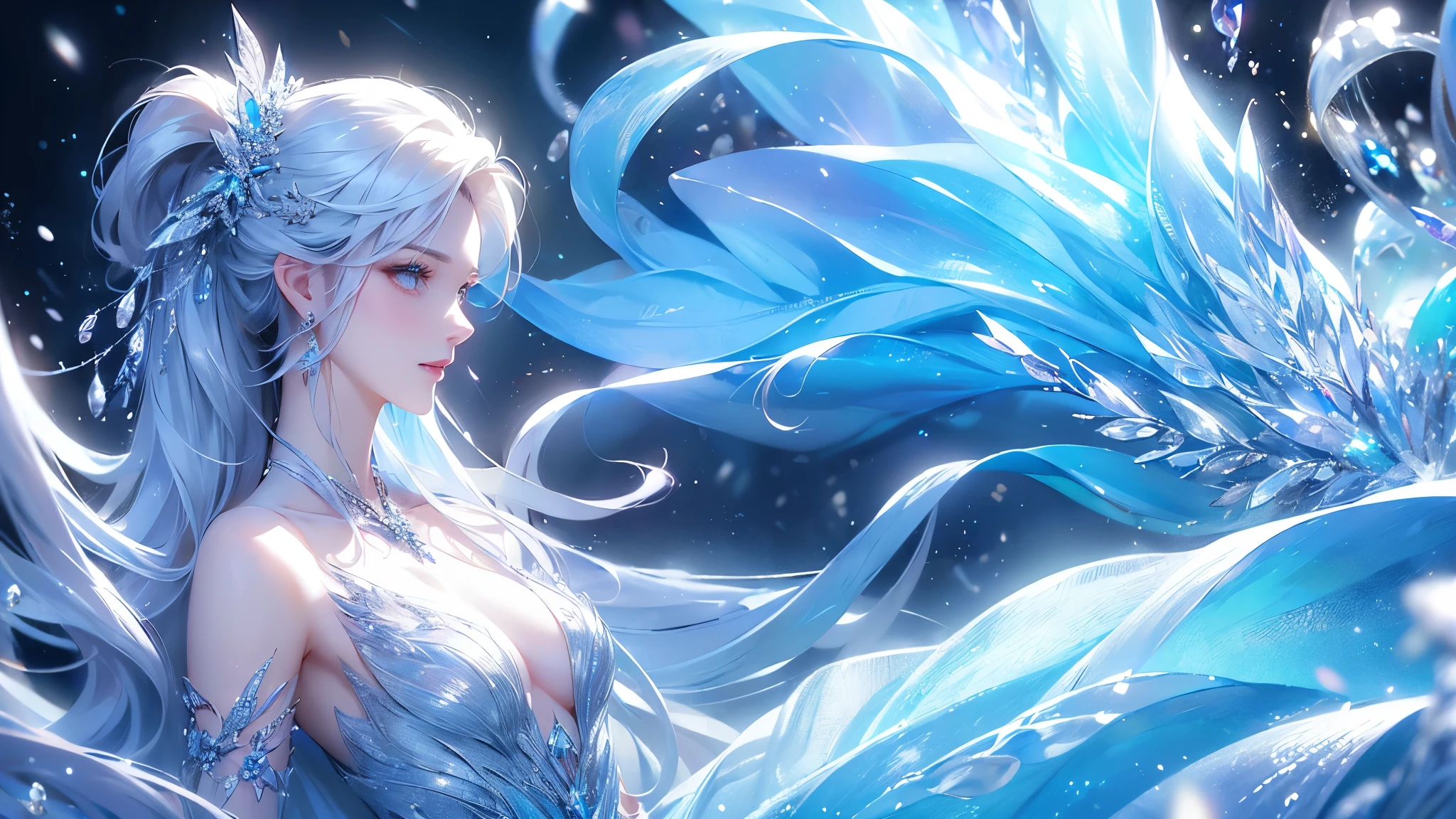 (long shot photo:1.5)wood, Exquisite mini ice spikes and crystals, Frozen waterfall in the background, Light reflected by ice crystals, Flowing snowflakes.1 girl, Beautiful woman、pretty girl,A realistic person,Beautiful cleavage,((small ))
