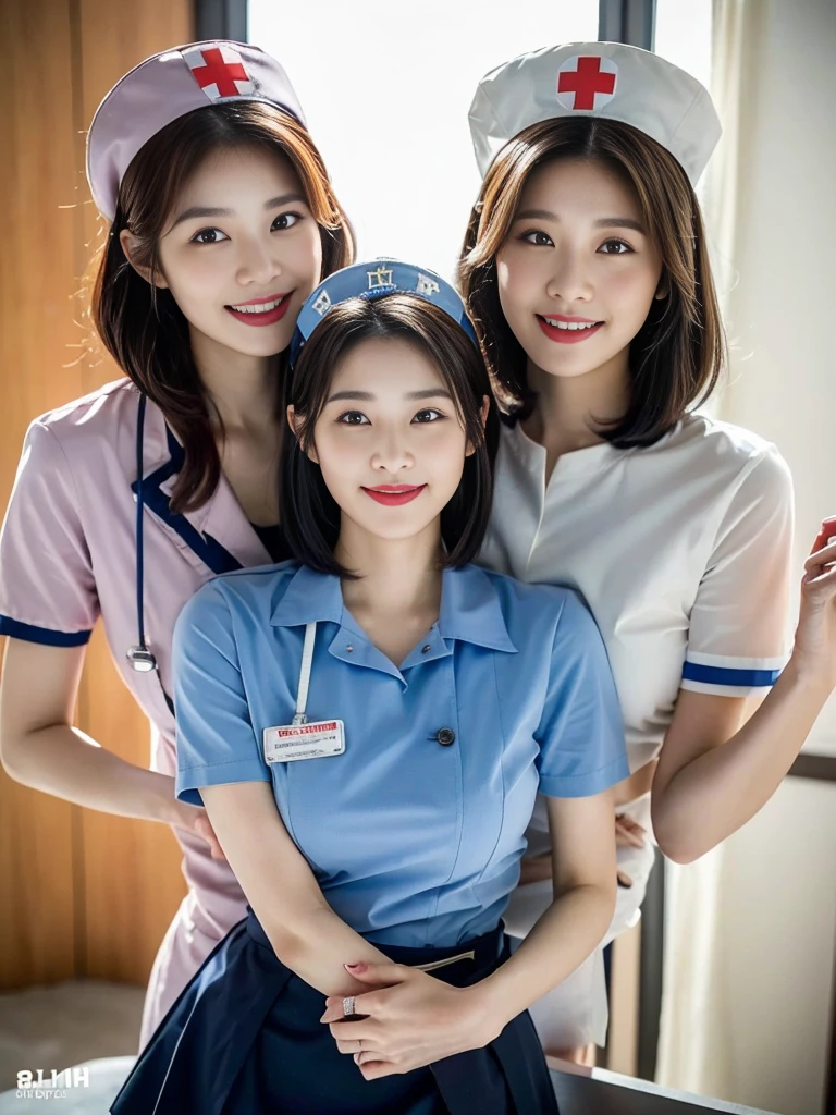 (A commemorative photo of a super cute Korean nurse duo:1.2)(grin,smile:1.1)(Beautiful Sweat:1.1)(16K, RAW Photos, Highest quality, masterpiece: 1.2),(A cute bob cut with shiny brown hair) Super detailed, Super Resolution, (Genuine, Genuine photos: 1.37), Portraiture, High-resolution RAW color photos, Professional photos, Very detailed, 8k wallpaper, Very detailed CG Unity 8k wallpaper, solo,Very detailed beautiful girl, Very detailed faces, ((whole body)), beautiful woman, Huge breasts,(huge boobs:1.1) (Big Boobs:1.1),  (Wearing a nurse uniform),Korean Girls,(Idol-level beautiful gal)(Beautiful girl:1.1)(Luxury Nurse Station)(************)(Nurse Costume:1.1)(Perfect Makeup:1.1)garter belt,Group photo