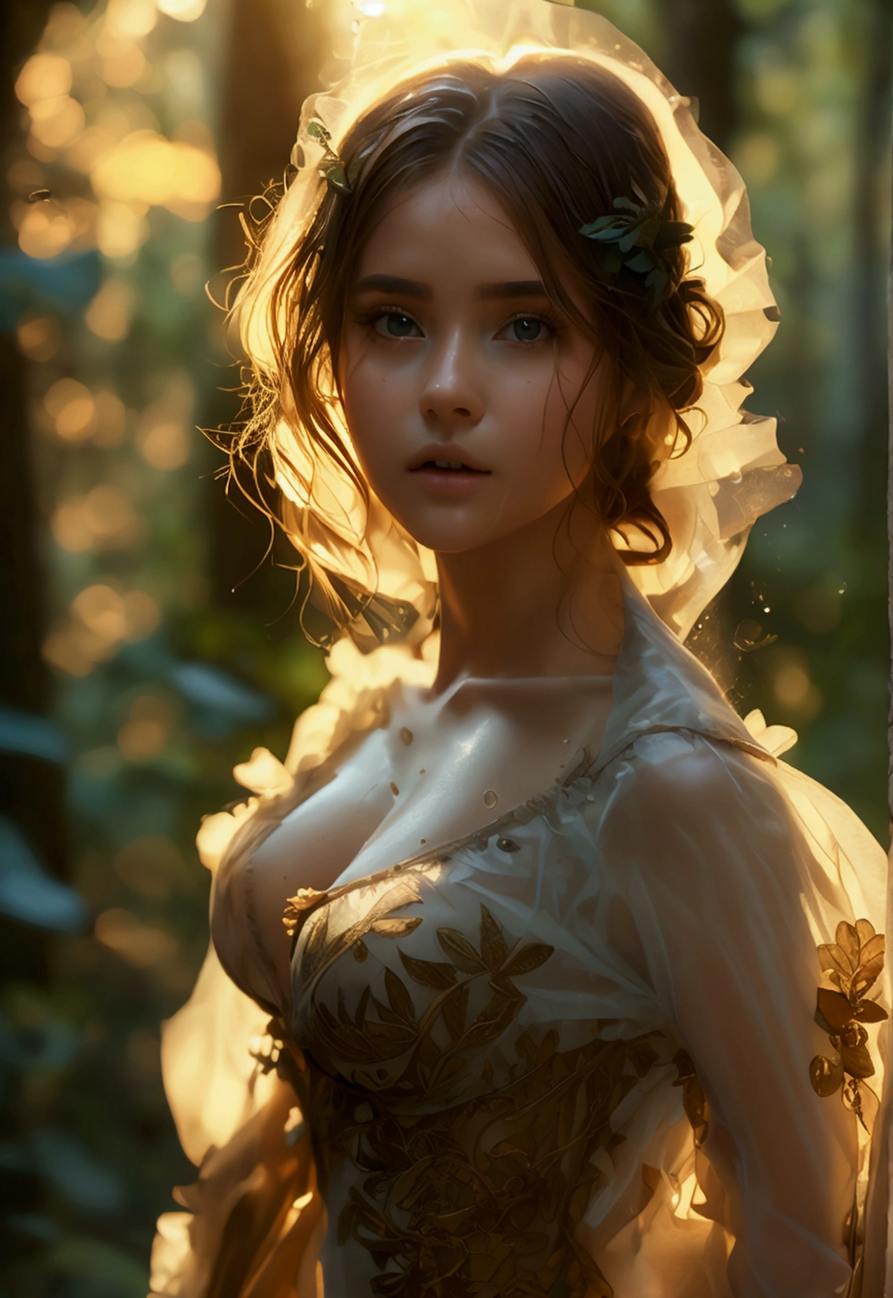 (masterpiece), (Best Quality), (detailed), light layer, 1solo girl, Girl in the forest, sexy transparent colonial dress, perfect body, by rubio, defined chest, defined collarbone, ultra realistic, photorealistic, detailed, perky transparent nipple, wet clothes,  