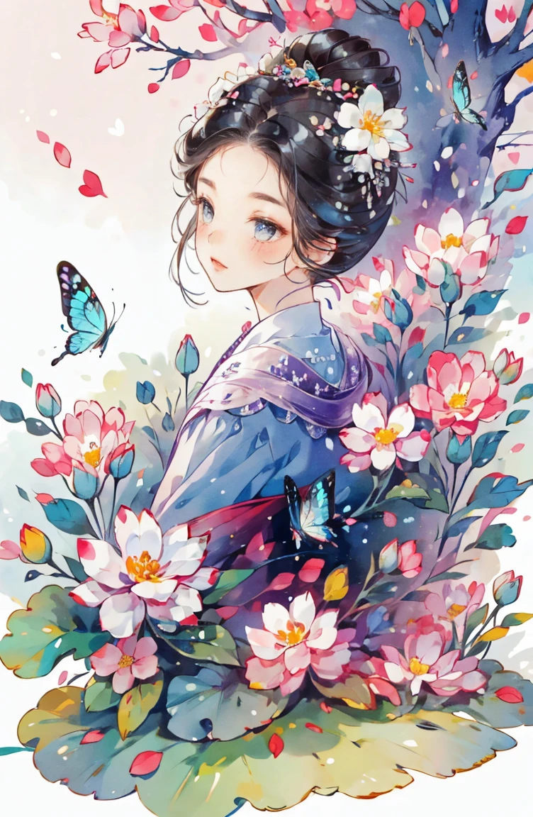 1 sister, alone, looking at the audience, Blushed, background with, black hair color hair, hair accessories, long sleeve, White background, Everlasting, Full body female love, flowers bloom, tender, hair flower, bun, Butterfly, masterpiece, recent quality, best details, clear facial features, beautiful eyes