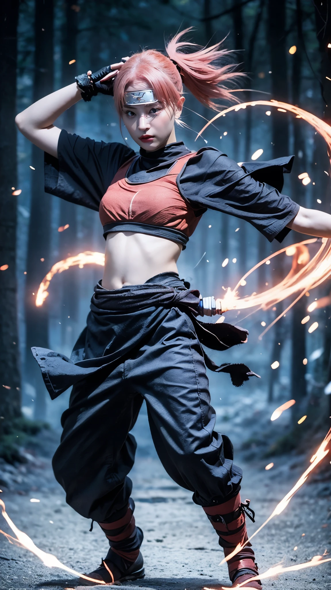 Moisturized skin, (red eyes), realistic body, (adult female body), energetic, (), (girl),
BREAK,
bright red lipstick, (beautiful navel), (pink hair), beautiful hair, (Hatake Kakashi's clothes: 1.3),
BREAK,
((masterpiece + highest quality + high resolution + highly detailed)), (full body: 1.2), symmetrical, one shot,
BREAK,
(electric shock), (wind blows), (blue electricity), (battle stance: 1.4),
BREAK,
(large Japanese sword), ninja, inside a mansion, assassinatiocut, kunai, fantastical, dynamic,
