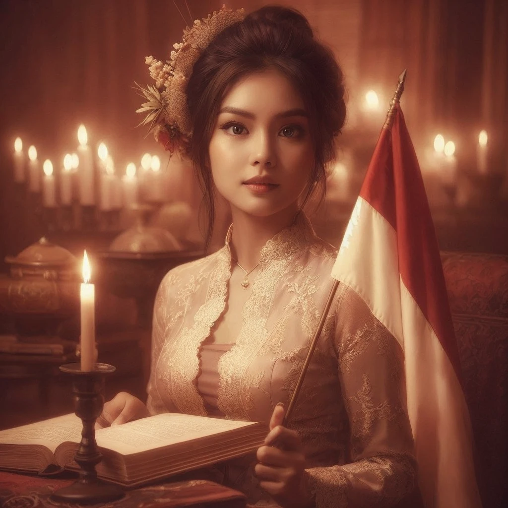 Create a sepia image featuring a beautiful Indonesian woman with a round face, realistic skin wearing a kebaya, her hair in a bun sitting in front of an open book. The woman is holding a red and white flag stretched over her shoulder, and there is a burning candle that provides light. The background appears to be indoors with dim lighting, creating an intimate atmosphere.