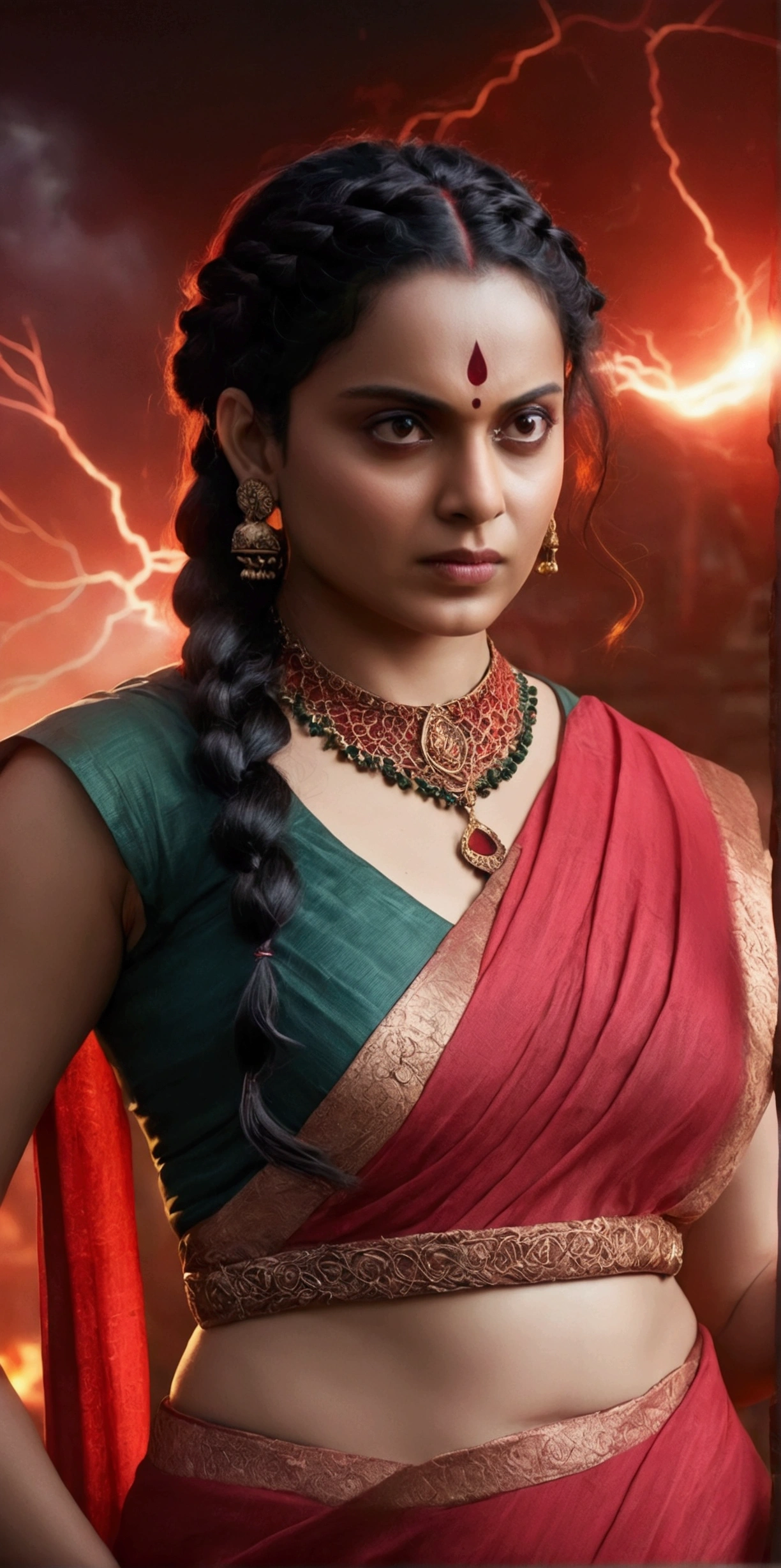 A beautiful Indian woman with thick braided long black hair, (pale white skin tone), wearing a red and saree, dynamic action , angry face,black hairs, standing in a mystical background, highly detailed, hyper realistic, 8K, dramatic lighting, cinematic, fantasy, magic, witch, Wanda Maximoff, cosplay, masterpiece, ultra-detailed, photorealistic, vivid colors, HDR, professional, cinematic lighting, dramatic pose, intricate costume details, flowing fabric, intense expression, magical energy, red energy aura, dark moody atmosphere, dramatic shadows, powerful, mesmerizing, captivating, ahsaas, 1girl, thunder storm from eyes, anupama , busty, cleavage , Kangana 