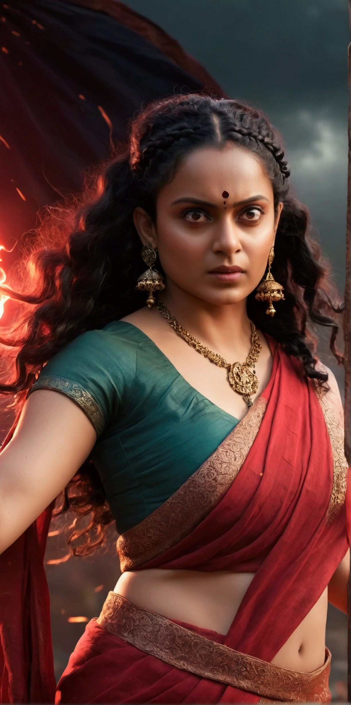 A beautiful Indian woman with thick braided long black hair, (pale white skin tone), wearing a red and saree, dynamic action , angry face,black hairs, standing in a mystical background, highly detailed, hyper realistic, 8K, dramatic lighting, cinematic, fantasy, magic, witch, Wanda Maximoff, cosplay, masterpiece, ultra-detailed, photorealistic, vivid colors, HDR, professional, cinematic lighting, dramatic pose, intricate costume details, flowing fabric, intense expression, magical energy, red energy aura, dark moody atmosphere, dramatic shadows, powerful, mesmerizing, captivating, ahsaas, 1girl, thunder storm from eyes, anupama , busty, cleavage , Kangana 