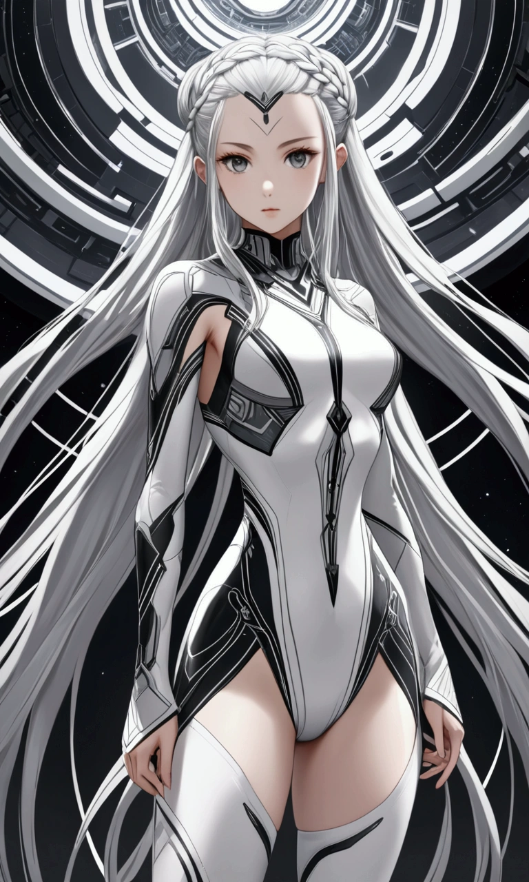 A girl with long silver hair designed into intricate braids and buns, grey eyes of determination and her gentleness, slender and athletic built, average height,black and white futuristic dress, white thigh highs, 8k highres best quality. 