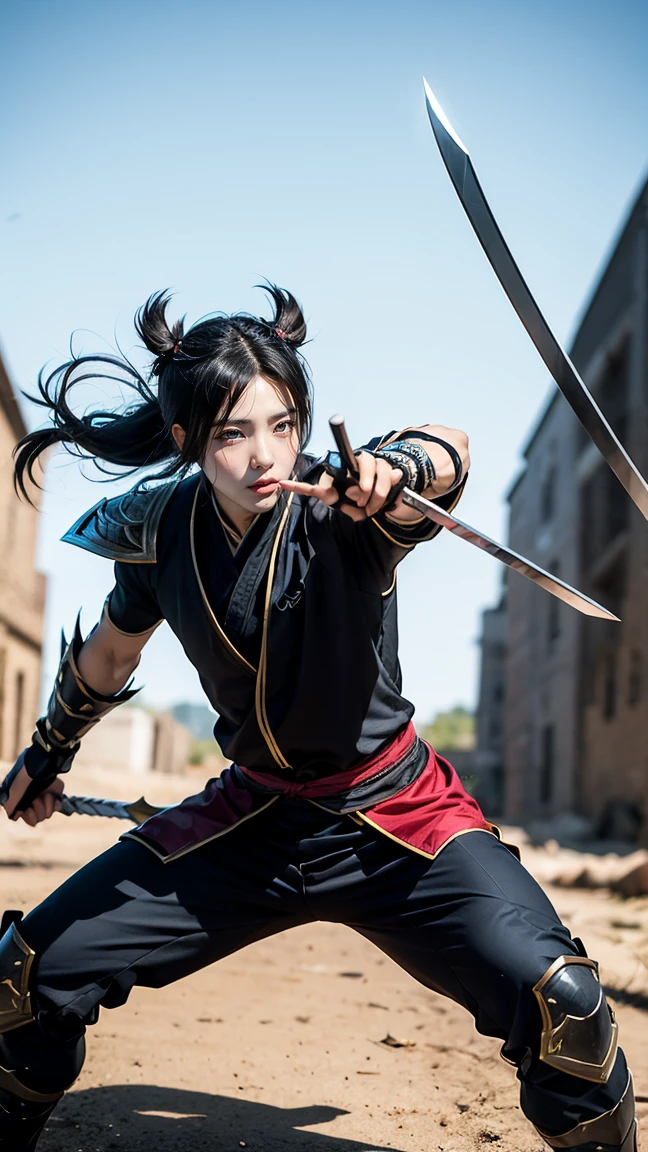 Create an image of Shen from League of Legends in his classic ninja outfit, poised in a defensive stance with his twin blades drawn, ready to protect his allies