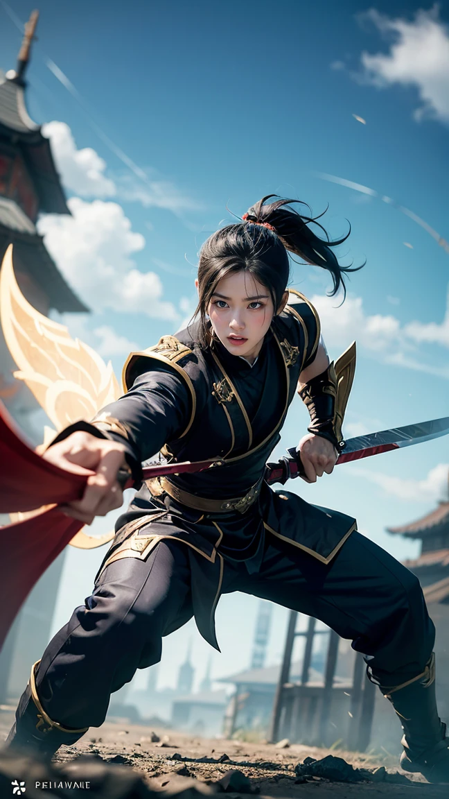 Create an image of Shen from League of Legends in his classic ninja outfit, poised in a defensive stance with his twin blades drawn, ready to protect his allies
