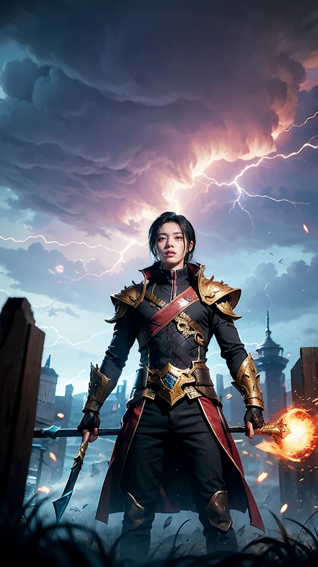 Illustrate Shen from League of Legends using his Spirit's Refuge ability, summoning a protective barrier while standing calmly amid a storm of incoming attacks