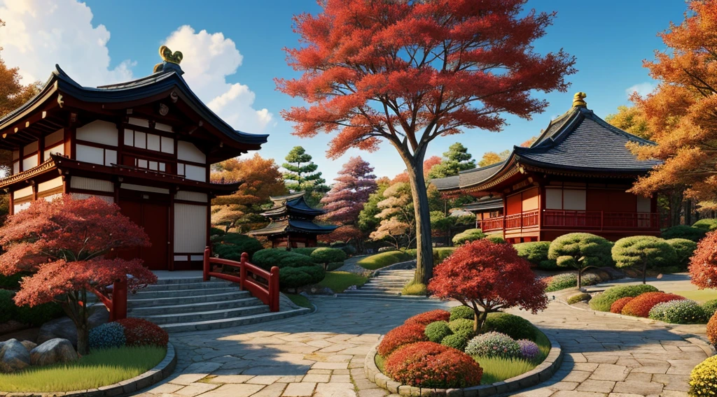anime illustration depicts a serene scene with traditional Japanese architectural elements. At the center stands an ornate gate, perched atop a stone staircase. The gate features curved, sweeping roofs adorned with decorative ridges and symbols. Flanking the stairs are smaller structures, resembling shops or houses, all sharing the same architectural style. The setting exudes tranquility, as if lifted from a video game or animation. The vibrant red trees hint at autumn,