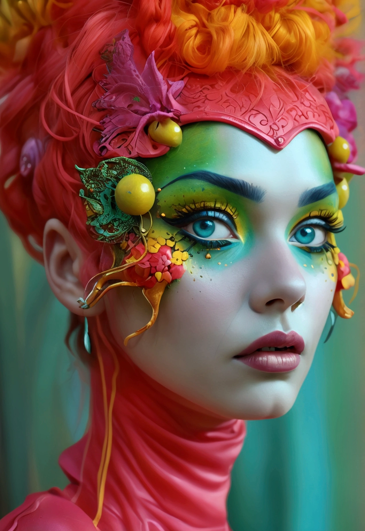  woman with quirky fantasy makeup inspired by Jean-Pierre Jeunet, featuring bright, whimsical colors. Her face is adorned with bold reds, yellows, and greens, with quirky, exaggerated features creating a playful, fantastical look."
Makeglow