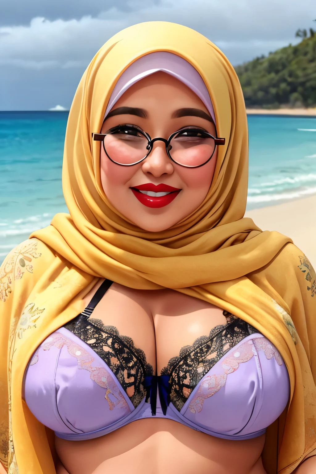 ((WEARING LINGERIE BRA)), Spectacles, Coats, Shiny Breasts, ((Hijab)), ((62 years old)), "Plumpers", ("Gold Hijab Floral pattern Naked"), "G-String & Thong", "Oki Setiana Dewi", ("Rainbow Hijab Floral pattern Naked"), Chubby Wearing Lace Bra & Short Hairy Pussy, "Facial expression in Happy Smile", "Rainbow", "Red Lips", "Bokeh", "Very Happy facial reaction", (Heavy Huge Breasts Tits), Background of beach bali, fat chubby, ((HEAVY NIPPLES)),