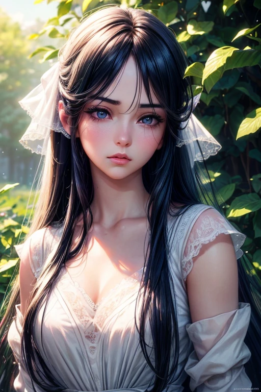 A beautiful anime girl with long dark blue hair, delicate facial features, piercing eyes, small nose, and pouty lips, wearing a white top, standing in a serene outdoor setting with lush greenery, pristine lighting, and a soft, dreamlike atmosphere, (best quality,4k,8k,highres,masterpiece:1.2),ultra-detailed,(realistic,photorealistic,photo-realistic:1.37),1girl,extremely detailed eyes and face,longeyelashes,beautiful detailed lips,beautiful detailed eyes,soft lighting,cinematic,fantasy,ethereal,warm colors