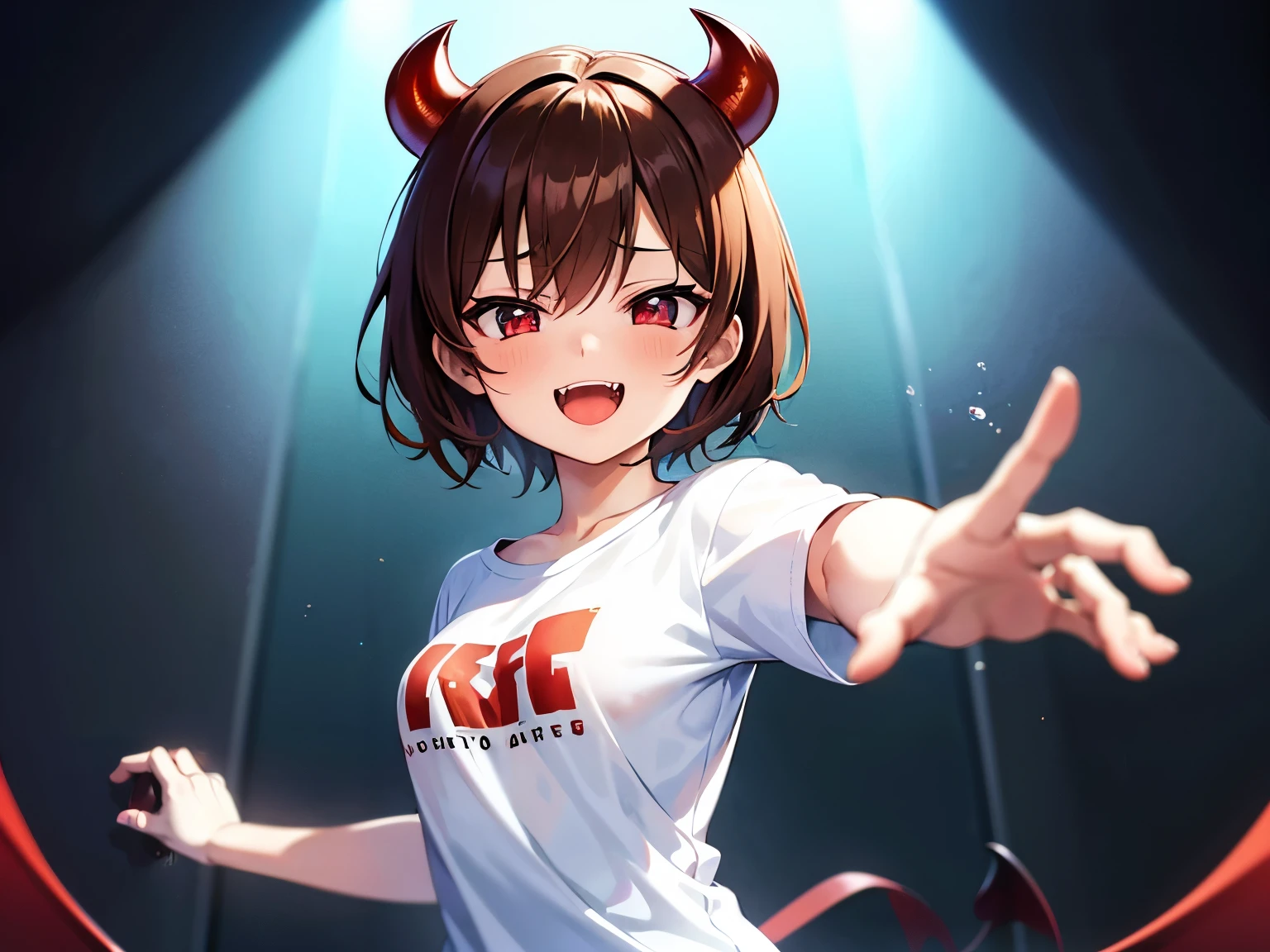 (SFW:1.5),(Small breasts:1.3),beautiful, masterpiece, Highest quality, anime, 1 Female, alone, look at viewer, Intricate details, (Shining Eyes:1.3),(Beautifully detailed eyes:1.1),(Eyes are bright red:1.5),(short hair:1.5),(sidelocks:1.4),(Demon horns on head:1.5),(Brown Hair:1.5), (slant eyes), Cheerful eyes,(Mouth wide open and fangs:1.3),(White sleeveless shirt:1.5),(jeans:1),(Sharp focus:1.2),from front,(light smile:1),(upper body:2),(aggressive),off shoulder,(fighting stance:1.5),