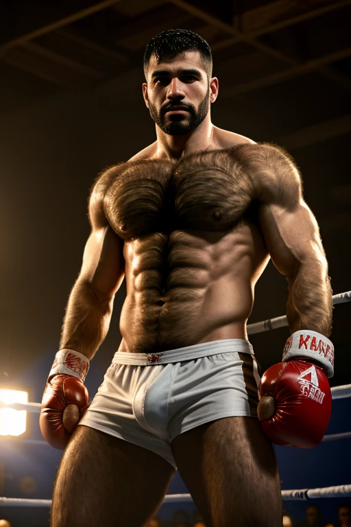 High Quality,Rich details,complex background,1man,large pectoral muscle,Abdominal muscles,Boxer,Boxing ring,Arab male, dramatic lighting, Barefoot,Bandages,Diablo,cowboy shot, (super hairy chest, hairy chest)