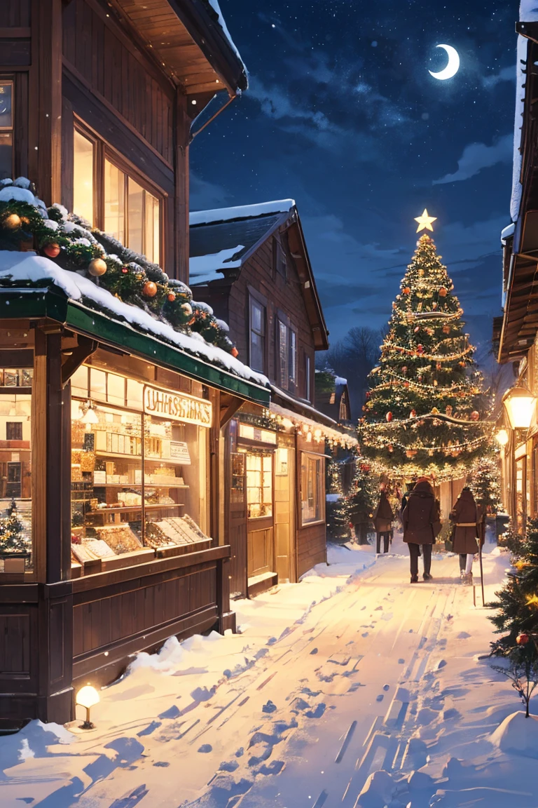Christmas，Christmasツリー，illumination，snow，night，moon，star，winter，Streetscape，Mr.々Furthermore, the shop，people々