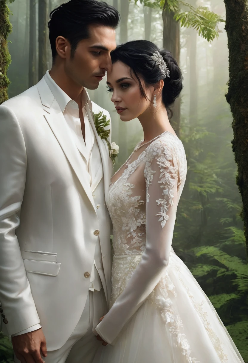 A pair of black-haired lovers looking at each other, women wear wedding dresses, man wearing a white suit, dense forest background, realistic style, HD, masterpiece, 24k