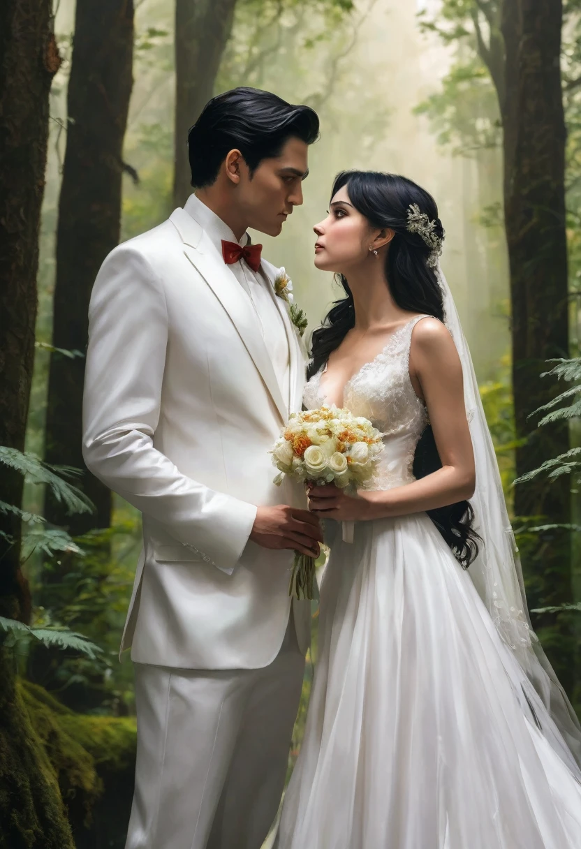 A pair of black-haired lovers looking at each other, women wear wedding dresses, man wearing a white suit, dense forest background, realistic style, HD, masterpiece, 24k