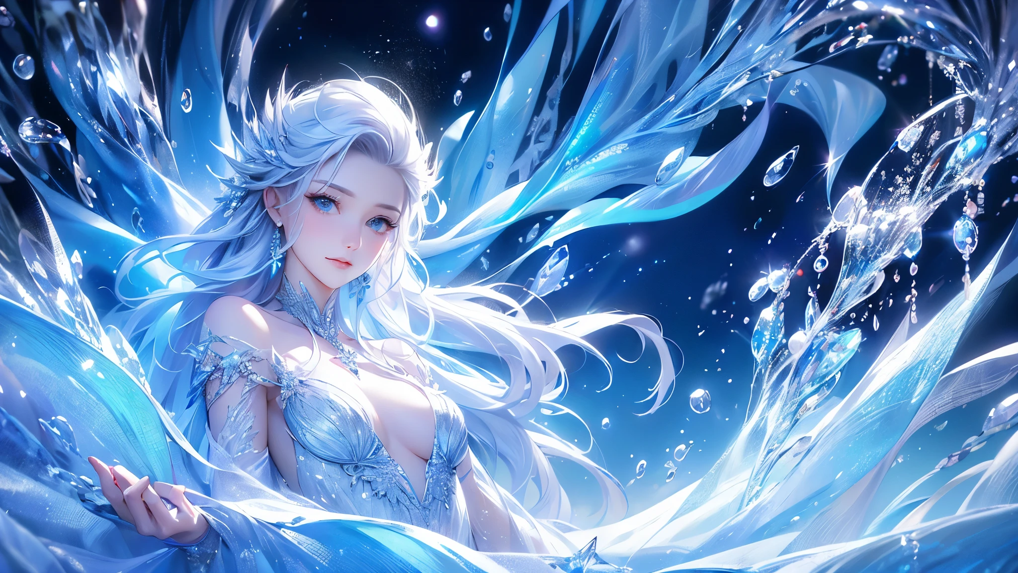 (long shot photo:1.5)wood, Exquisite mini ice spikes and crystals, Frozen waterfall in the background, Light reflected by ice crystals, Flowing snowflakes.1 girl, Beautiful woman、pretty girl,A realistic person,Beautiful ,((small breasts)