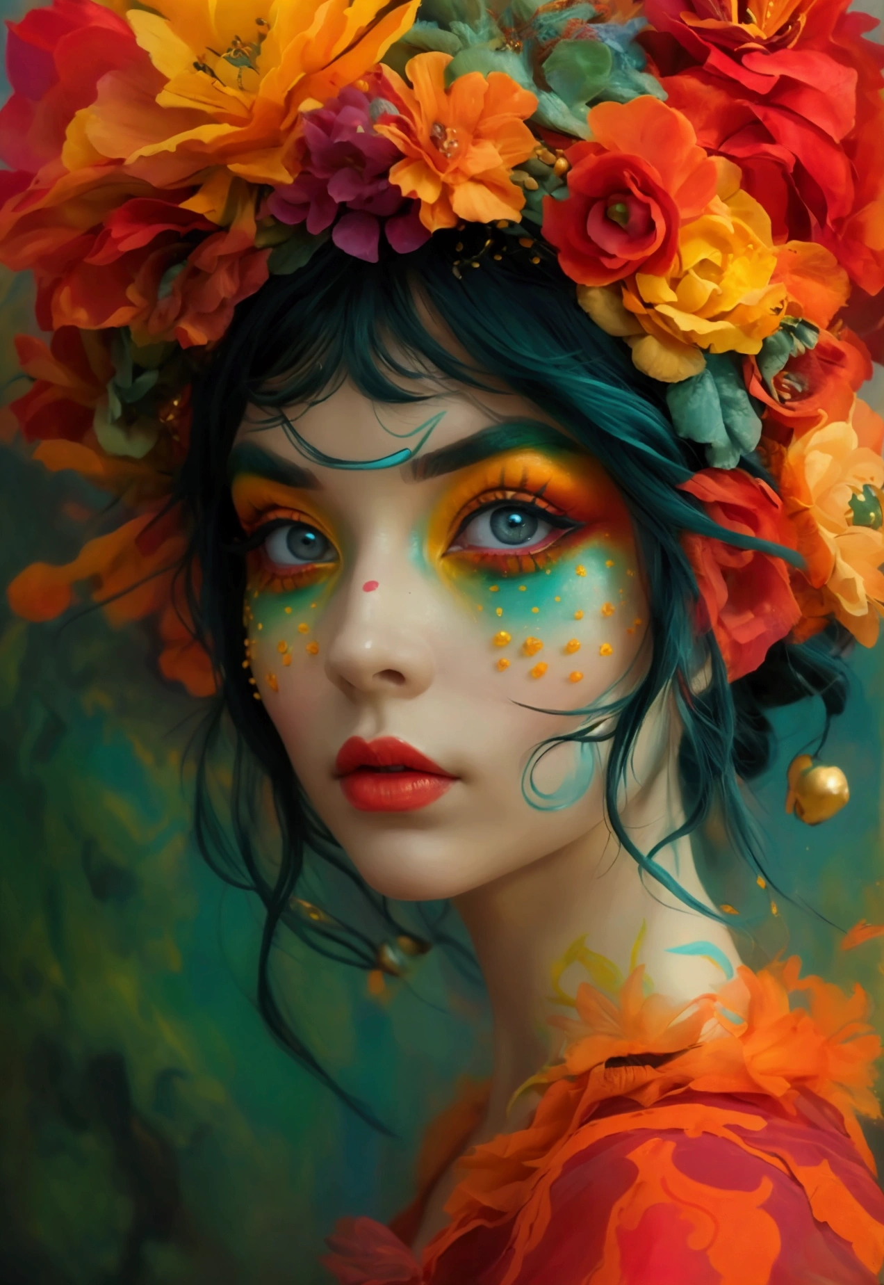  woman with quirky fantasy makeup inspired by Jean-Pierre Jeunet, featuring bright, whimsical colors. Her face is adorned with bold reds, yellows, and greens, with quirky, exaggerated features creating a playful, fantastical look."
Makeglow