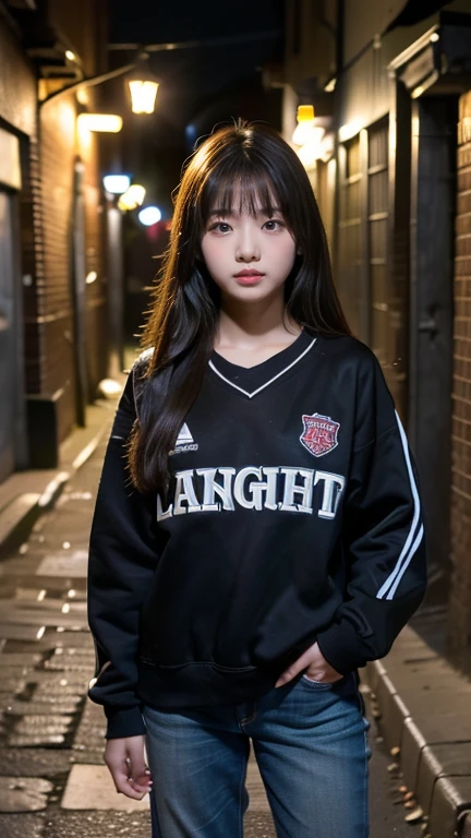 (((11 year old girl))), one person, Japanese, medium hair, straight face, no smile, delinquent impression, poor clothes - old stadium jumper and worn jeans, standing in dark alley downtown, looks like a prostitute, alleyway in old European town, streetlight illuminates girl's face in darkness, midnight, movie scene, high resolution, highly detailed, fine details, masterpiece, top quality, awards, highest resolution, photorealistic, raw photos, 8K wallpaper