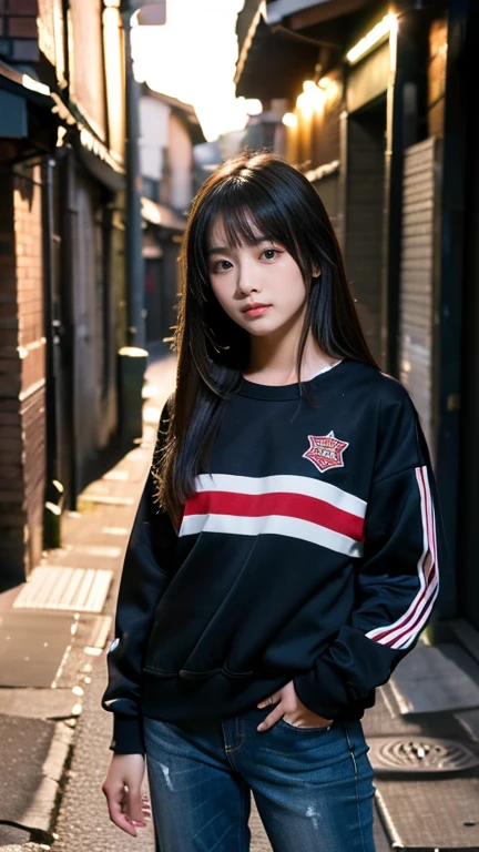 (((11 year old girl))), one person, Japanese, medium hair, straight face, no smile, delinquent impression, poor clothes - old stadium jumper and worn jeans, standing in dark alley downtown, looks like a prostitute, alleyway in old European town, streetlight illuminates girl's face in darkness, midnight, movie scene, high resolution, highly detailed, fine details, masterpiece, top quality, awards, highest resolution, photorealistic, raw photos, 8K wallpaper