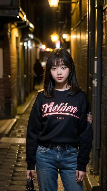 (((11 year old girl))), one person, Japanese, medium hair, straight face, no smile, delinquent impression, poor clothes - old stadium jumper and worn jeans, standing in dark alley downtown, looks like a prostitute, alleyway in old European town, streetlight illuminates girl's face in darkness, midnight, movie scene, high resolution, highly detailed, fine details, masterpiece, top quality, awards, highest resolution, photorealistic, raw photos, 8K wallpaper