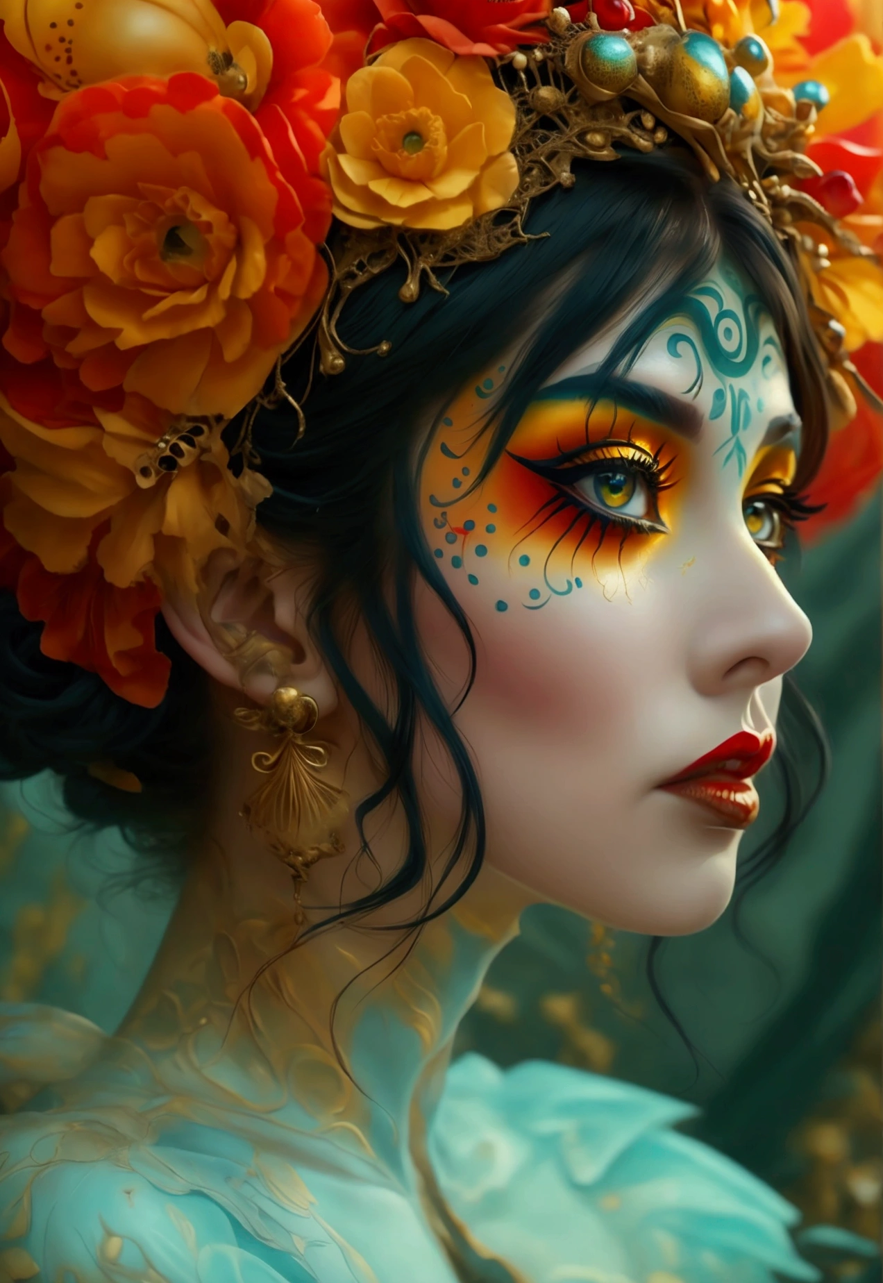 woman with quirky fantasy makeup inspired by Jean-Pierre Jeunet, featuring bright, whimsical colors. Her face is adorned with bold reds, yellows, and greens, with quirky, exaggerated features creating a playful, fantastical look."
Makeglow