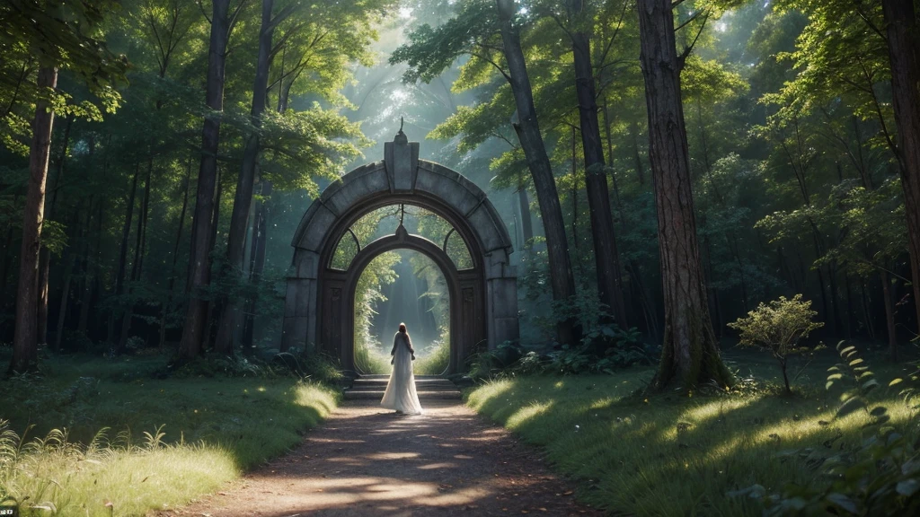 Create an ultra-realistic image of a person walking through a magical forest towards a portal. The scenery is breathtaking, with majestic trees and vibrant vegetation that emanates a soft, ethereal light. The forest is full of enchanting details, like luminous flowers, Bright butterflies and magical little animals peeking between the leaves.
The person is in the center of the image, walking slowly, with an expression of curiosity and serenity on his face. She is dressed in clothes that mix modern and fantasy elements., like a cloak that seems to flow in the breeze.
In front of her, the portal stands as a fascinating structure, composed of light and energy, that pulses with vivid colors. This portal symbolizes access to the person's mind, one entry for all your memories. The structure of the portal is intricate, with patterns that resemble neuronal synapses, shining in shades of blue and gold.
The scene must be a perfect fusion between magic and reality, where every detail of the forest and portal is represented with almost photographic precision. The play of light and shadow adds depth, creating a magical atmosphere that draws the viewer into the image, as if you could feel the magic and serenity of the moment
