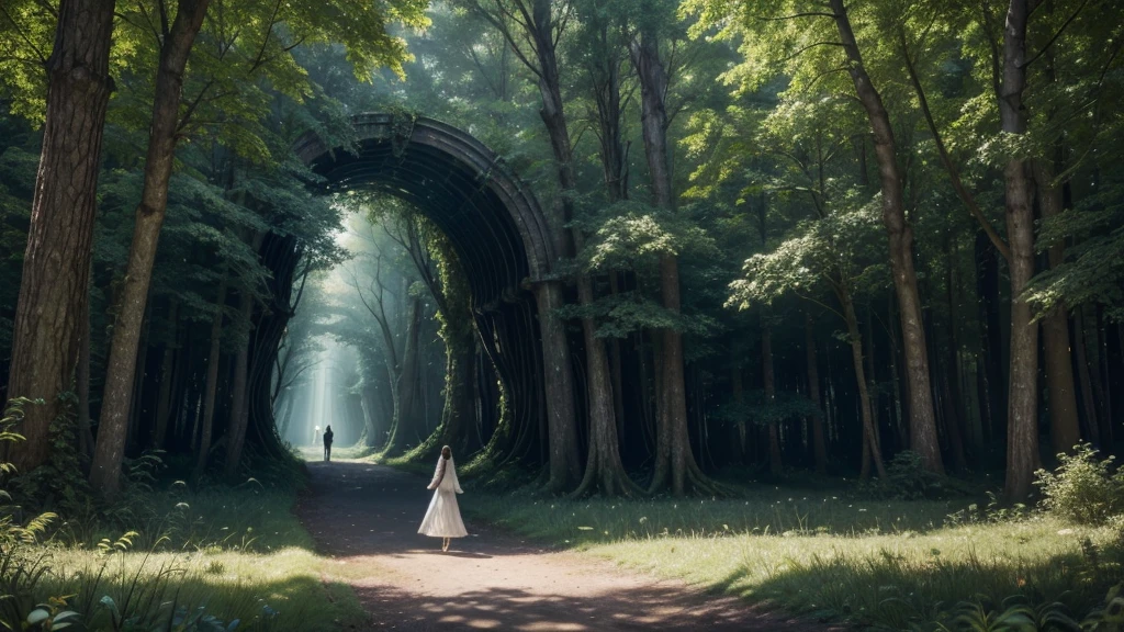 Create an ultra-realistic image of a person walking through a magical forest towards a portal. The scenery is breathtaking, with majestic trees and vibrant vegetation that emanates a soft, ethereal light. The forest is full of enchanting details, like luminous flowers, Bright butterflies and magical little animals peeking between the leaves.
The person is in the center of the image, walking slowly, with an expression of curiosity and serenity on his face. She is dressed in clothes that mix modern and fantasy elements., like a cloak that seems to flow in the breeze.
In front of her, the portal stands as a fascinating structure, composed of light and energy, that pulses with vivid colors. This portal symbolizes access to the person's mind, one entry for all your memories. The structure of the portal is intricate, with patterns that resemble neuronal synapses, shining in shades of blue and gold.
The scene must be a perfect fusion between magic and reality, where every detail of the forest and portal is represented with almost photographic precision. The play of light and shadow adds depth, creating a magical atmosphere that draws the viewer into the image, as if you could feel the magic and serenity of the moment