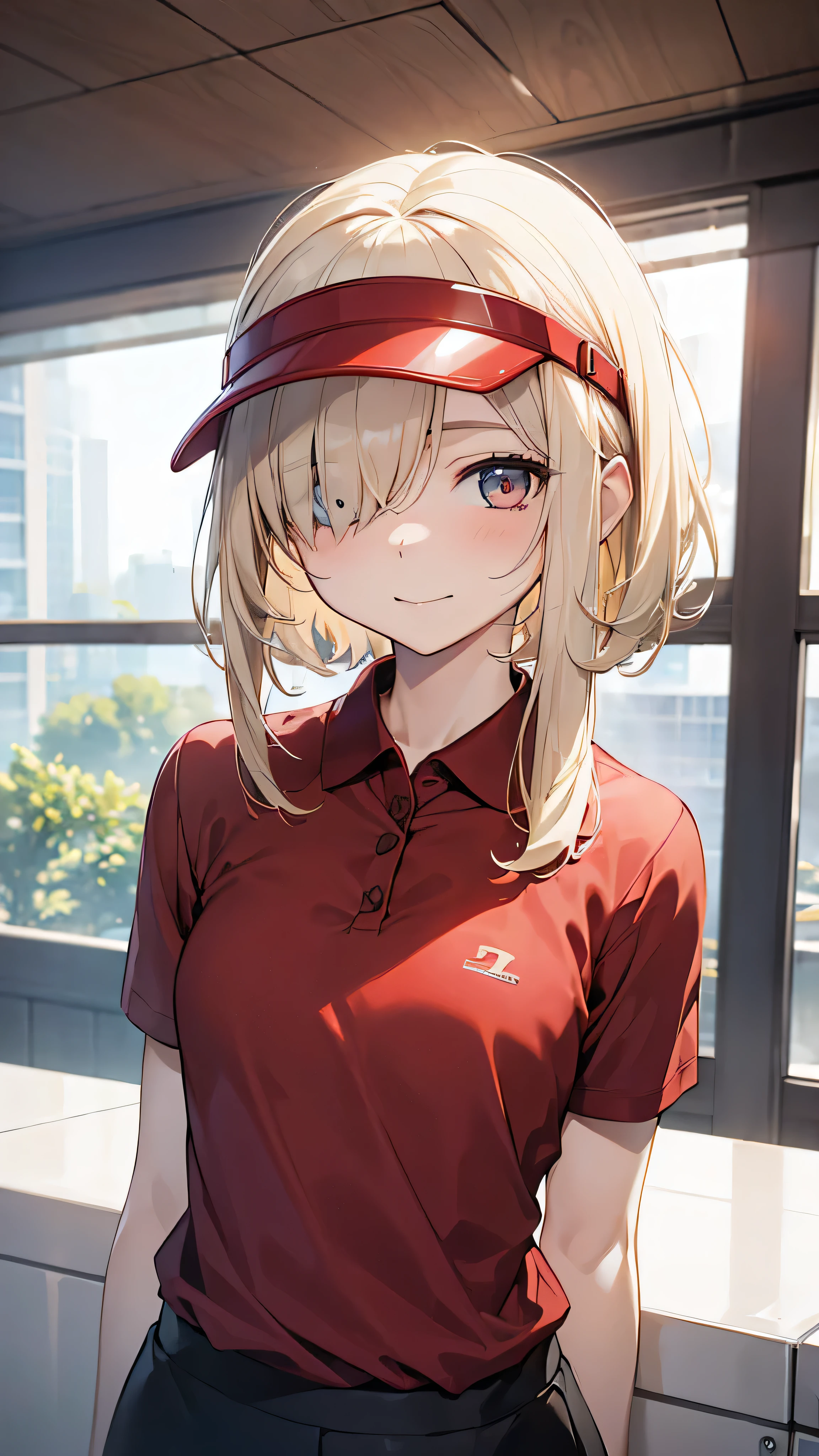 1. Morning,(Forward lighting:1.9) .
②:Highest quality, Anime Moe Art Style,Best Anime 8K Konachan Wallpaper,pixiv Contest Winner,Perfect Anatomy, Very detailed,High resolution,Very detailed肌, Professional Lighting,8k ,
③:(One Girl:1.5), young,(alone,13 years old:1.8),high school student, (short hair:1.4), (Straight hair:1.6),(Normal chest),(Hair on one eye:1.8),(Light blonde hair:1.8),Complete limbs,Full Finger, Blue eyes, hairpin, Beautiful attention to detail, (Pale skin),Close one eye,Sparkling Eyes,smile,Embarrassing.
④:(from the front),(close:1.4).
⑤:(Red polo shirt:1.5),(Red visor:1.5),(dark green pencil skirt)
⑥:Cashier work ⑦:Fast Food Restaurant,hamburger,french fries