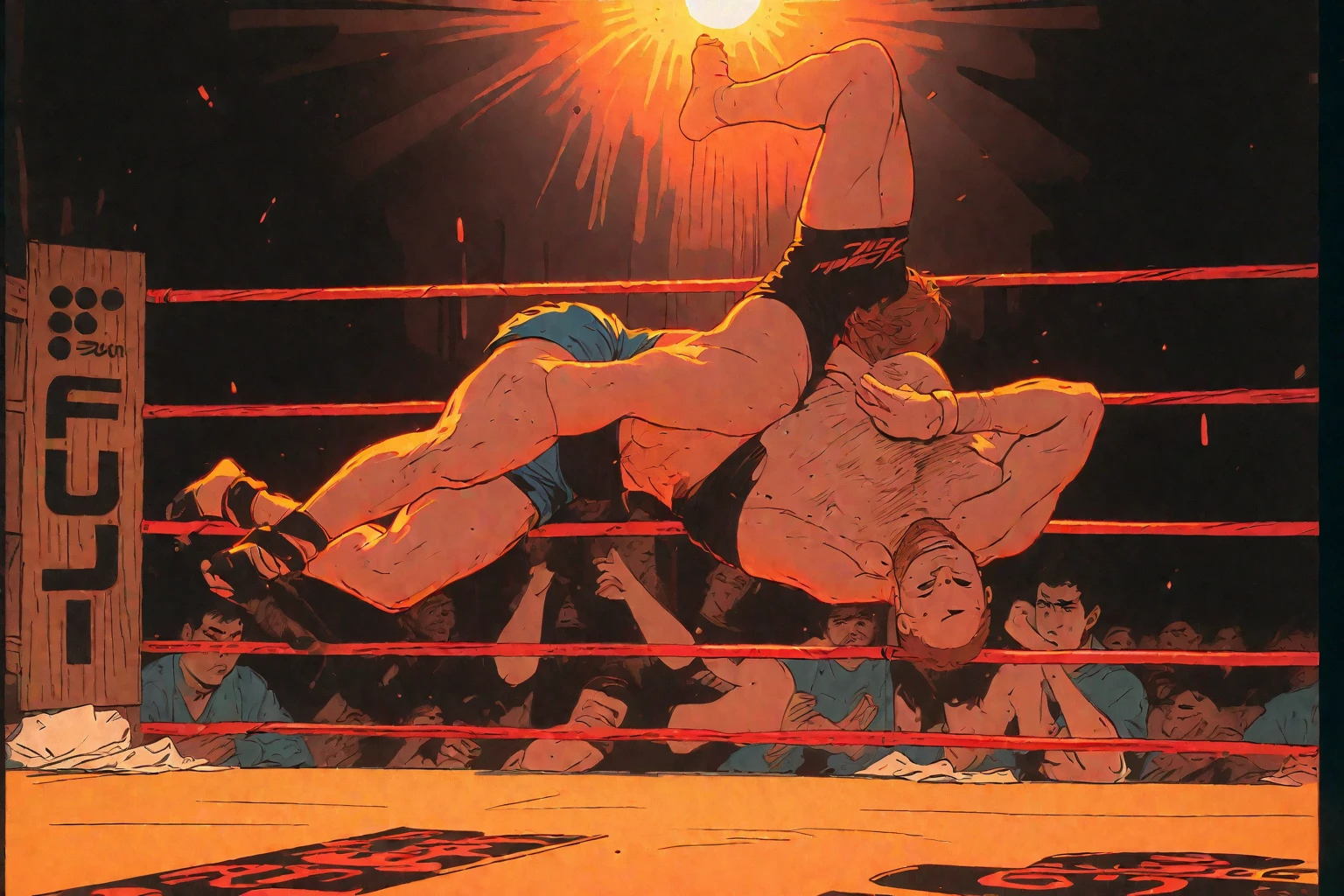 line drawing, minimal, sketch, wood palette color tones, warm wooden coloring, rich wooden color grading, natural sunlight, dim candlelight, low level neon glow hum, sports photography, mid-air, throw, mixed martial arts, Pride FC, dim glow, dazzling, minimal, serene, perfect, strange, candid, cinematic, surreal, and timeless. 90s comic aesthetics, expressive ink work, cinematic compositions, and nuanced details, uv light face mask, VHS, glitch, distorted, nostalgia, 90's retro vibes, analog tape, vcr aesthetics, tv, television, 1990's cartoon homage), comic 1990's, animated tv show screengrab, cinematic poster, image within image, multiple exposure, massive scale, rich color grading for shading depth, hand drawn rotoscope cartoon realism, chiaroscuro lighting, mixed media, vintage comic, retro original design, 1990's comic, sense of movement energy, rich color grading, sense of depth, shading and shadows splash page comic, 90's action cinematic