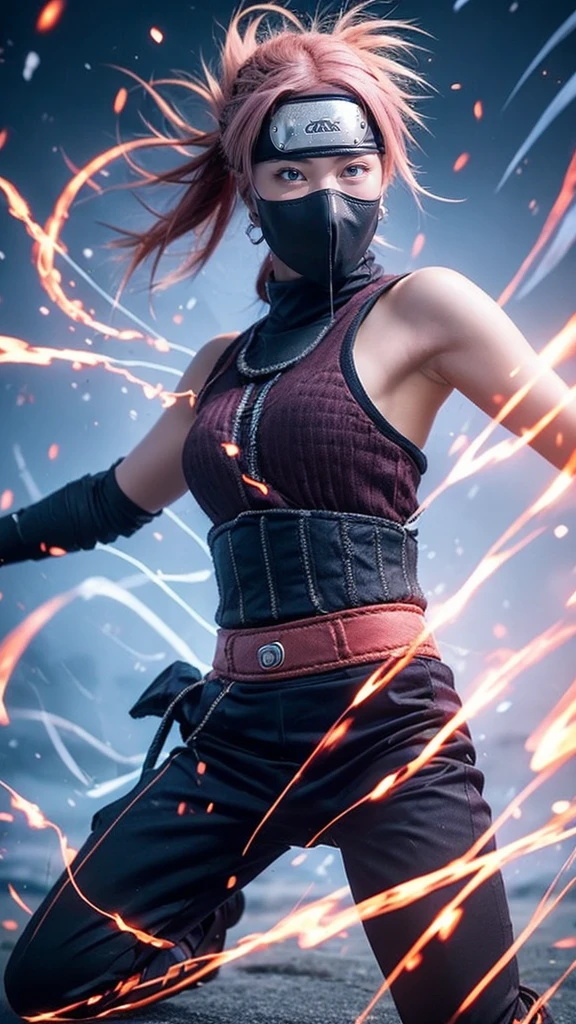 Moisturized skin, (red eyes), realistic body, (adult female body), energetic, (16 years old), (girl),
BREAK,
bright red lipstick, (beautiful navel), (pink hair), beautiful hair, (Hatake Kakashi's clothes: 1.3),
BREAK,
((masterpiece + highest quality + high resolution + highly detailed)), (full body: 1.2), symmetrical, one shot,
BREAK,
(electric shock), (wind blows), (blue electricity), (battle stance: 1.4),
BREAK,
(large Japanese sword), ninja, inside a mansion, assassination, cut, kunai, fantastical, dynamic,