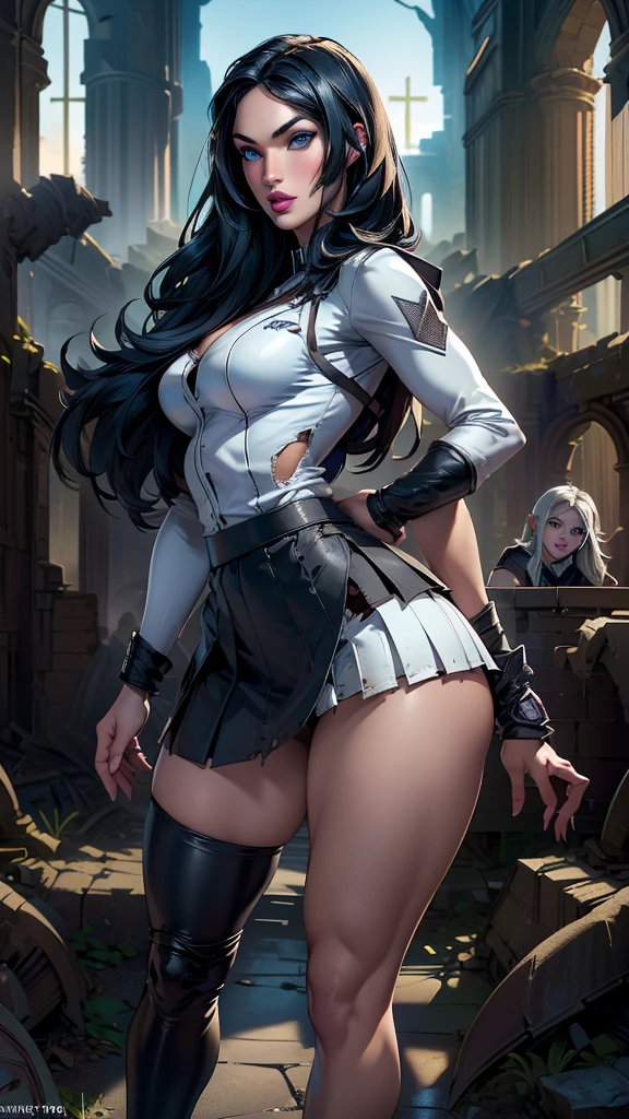 score_9, score_8_up, score_7_up, rating_explicit, (The best quality, A high resolution, Ultra - detailed, actual), megan fox con miniskirt white colegiala, showing her beautiful butt, (Ruined dungeon ruins background:1.4), long white gray hair, brazier white, (Face details:1.5), blue eyes, beautiful face, pretty eyes, Iris contour, (thin lips:1.5), Thin, sharp pale eyebrows, Long, dark eyelashes, double tabs, (rear view, backside view), (miniskirt white students rotos:1.4), (fingers detailed:1.4), (dynamic pose), (not mutations), (megan fox:1.4), (megan fox V2.1), (high school student uniform :1.4), (Perfect anatomy).