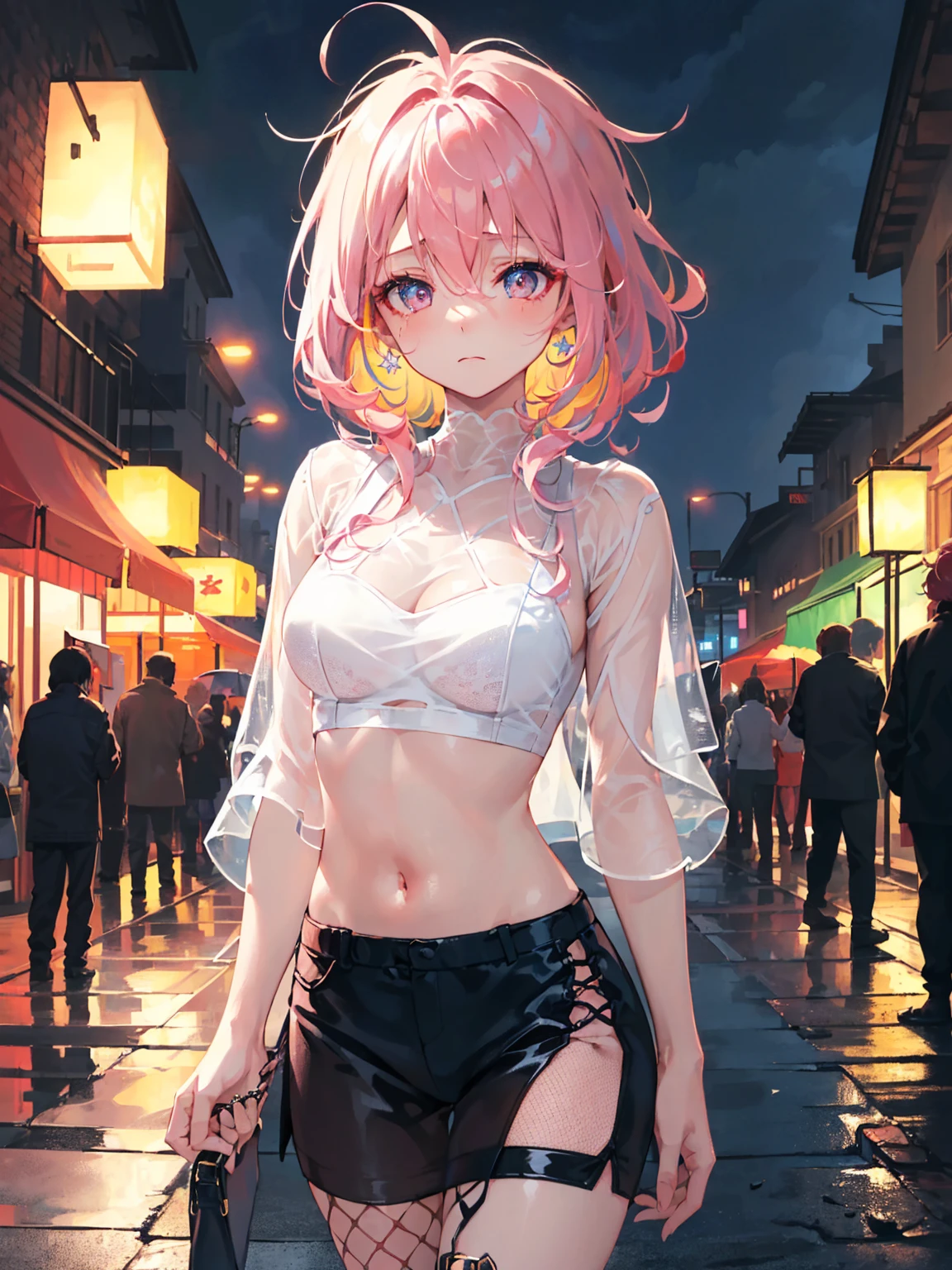 ((masterpiece,best quality, high resolution)), 1girl, solo, pink eyes, pink long hair tied with blue ribbon, blunt bangs, perfect breasts, round breasts, croptop, fishnets shirt, (fishnets:1.3), (diamond-shape lattice pattern), (diamond-shape laced shirt), (exposed midriff), (see through:1.4), (see through shirt:1.3), (on street), dramatic light, heavy rain, lanterns, bokeh effect, detailed iris, sparkle eyes, star in eyes, sadness, sad eyes, soulful pink eyes, (multicolored eyes), (shining dust), (pink hair:1.3), (messy hair:1.3), (hair between eyes), (hair over one eye:1.2), (wavy hair:1.1)
