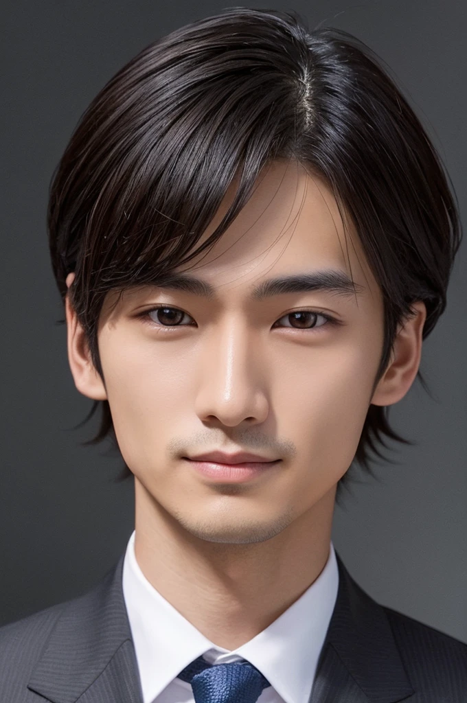 Sure, here is the prompt:
"Create a realistic illustrated icon of a young Japanese man in his 30s. He has short, straight dark hair, prominent cheekbones, a slightly wide nose, and a thin smile. He is wearing a suit and tie, posed against a warm and inviting background with colors that are pleasing and appealing, particularly to women. The illustration should capture his facial features accurately, making it suitable for use as a professional profile icon."