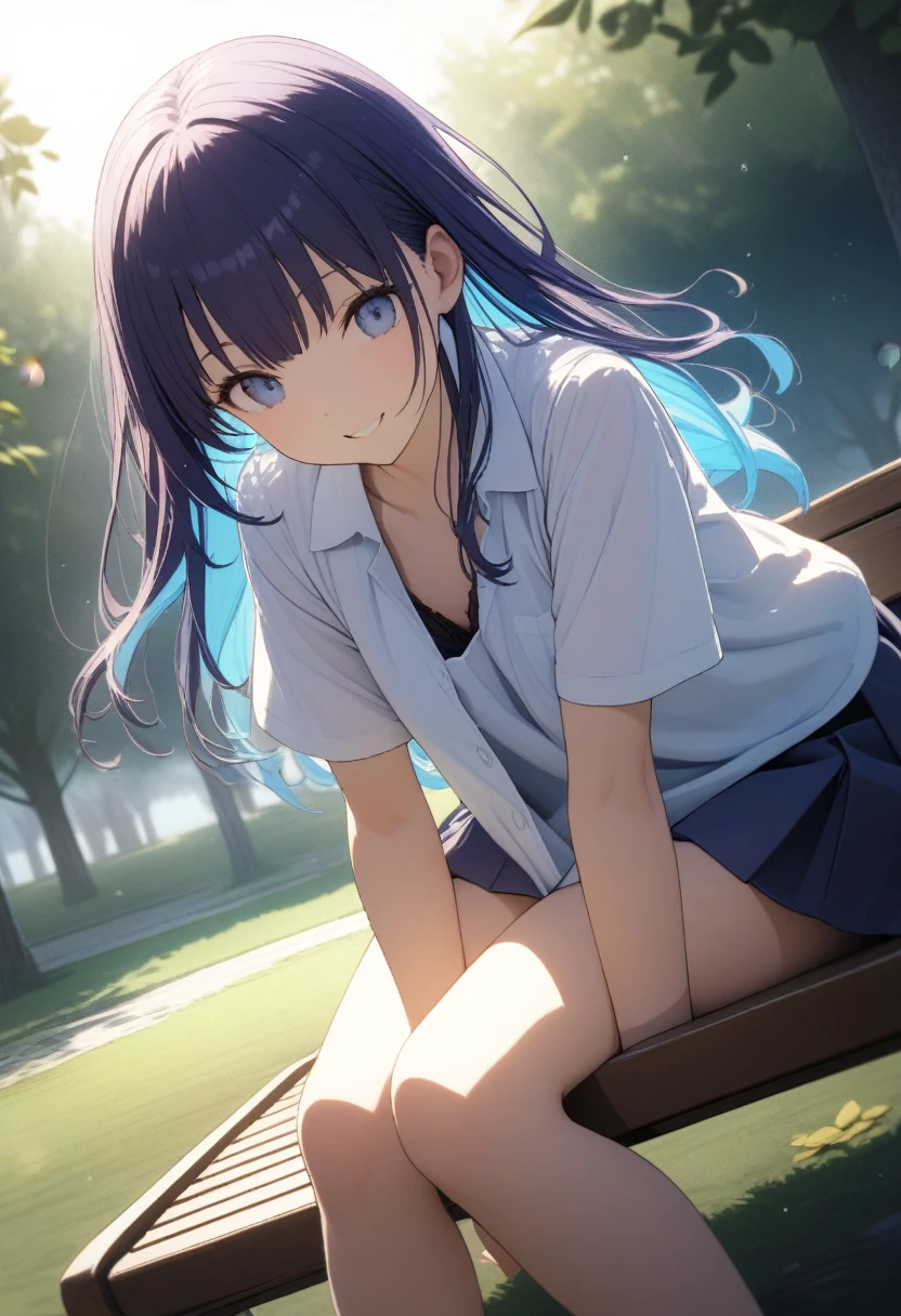 Very cute 15 year old girl, ((She was wearing a Japanese school summer uniform, a Y-shirt and a miniskirt, with the Y-shirt rolled up to about her elbows. She is wearing a Y-shirt loosely. The bra inside is slightly visible through the Y-shirt))、(Indigo hair color、Light blue inner color hairstyle、Hair expressed with a delicate touch), Beautiful Hair, Facial Contour, Remember, Wide park bench, splash, Lens flare、sunlight、illumination、Natural Color, High resolution, Very delicate, Very detailed, 8k,(Breast size around B cup)、Shyness,((Sexual)),((A naughty feeling)),smile、Chest to face angle、View angle from knee height