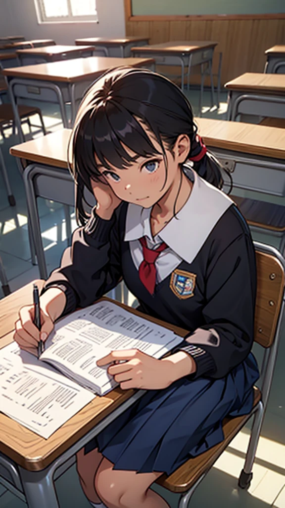 A girl boy is studying in a school class room. It is morning and it is sunny.