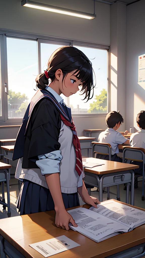 A girl boy is studying in a school class room. It is morning and it is sunny.