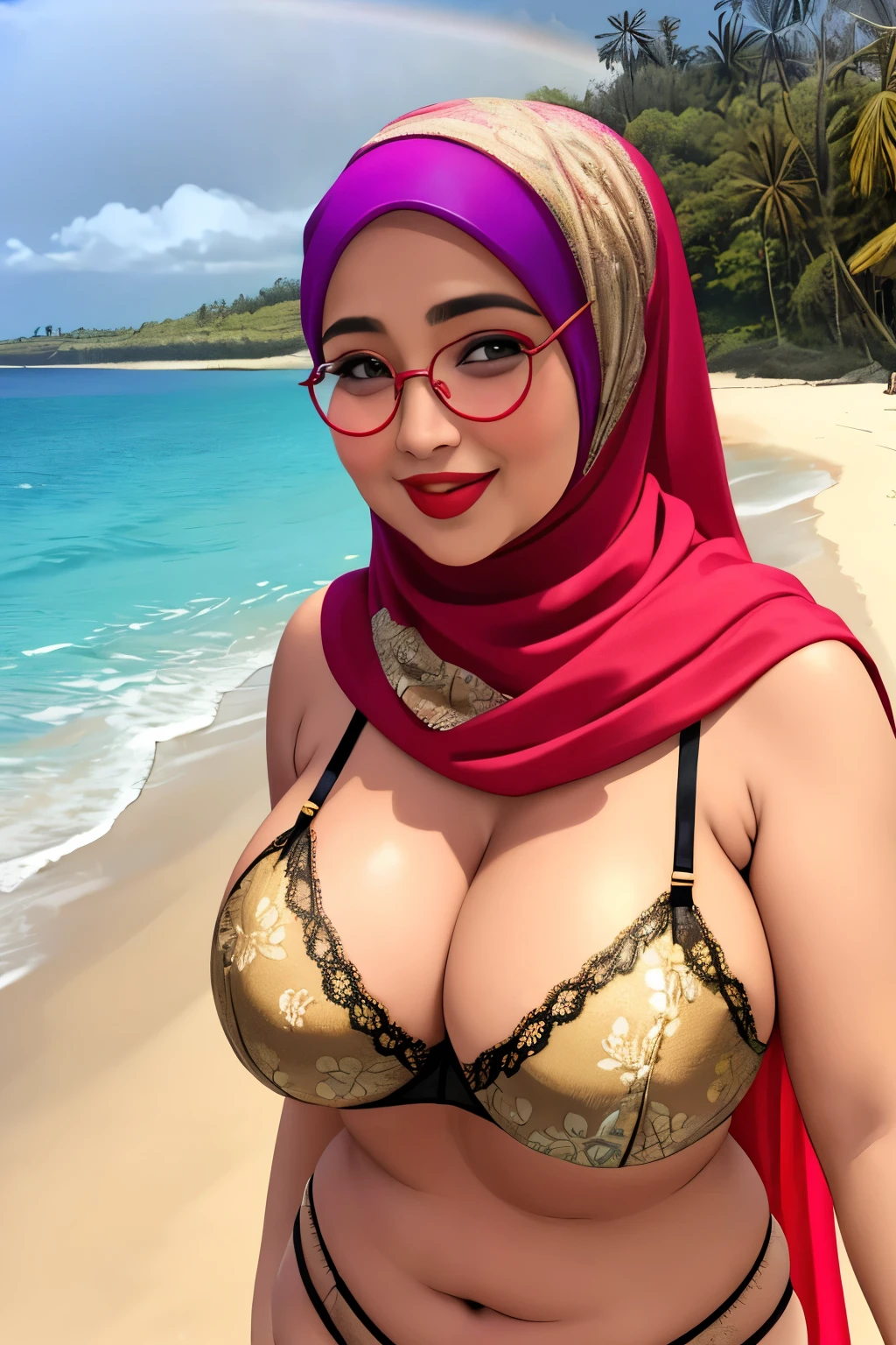 ((WEARING LINGERIE BRA)), Spectacles, Coats, Shiny Breasts, ((Hijab)), ((62 years old)), "Plumpers", ("Gold Hijab Floral pattern Naked"), "G-String & Thong", "Oki Setiana Dewi", ("Rainbow Hijab Floral pattern Naked"), Chubby Wearing Lace Bra & Short Hairy Pussy, "Facial expression in Happy Smile", "Rainbow", "Red Lips", "Bokeh", "Very Happy facial reaction", (Heavy Huge Breasts Tits), Background of beach bali, fat chubby, ((HEAVY NIPPLES)),