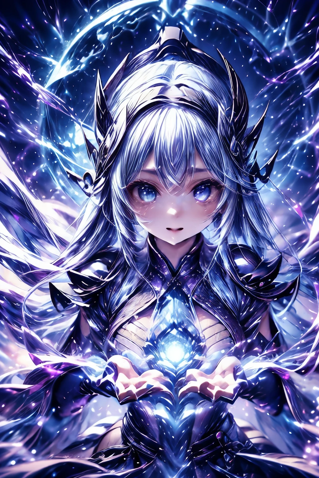 High resolution, masterpiece, Highest quality, Textured skin, Syndra（League of Legends）、Whole body shot、Floating in the air、Splash art style、angel、White as the base coce Magic、Control the 3 magical spheres that fly around Syndra、Spheres in the shape of ice crystals、Heterochromia of the iris、Odd Eye、Ecstatic expression、Purple Hair、Inner hair color light blue、Gradient color hairstyle、Winter Blessing Skin、Silver World、Fantasy、Ice crystals、Ice Dress、Full body ice armor、Wear warm clothes、Small breasts、thunder、electrification、Superconductivity