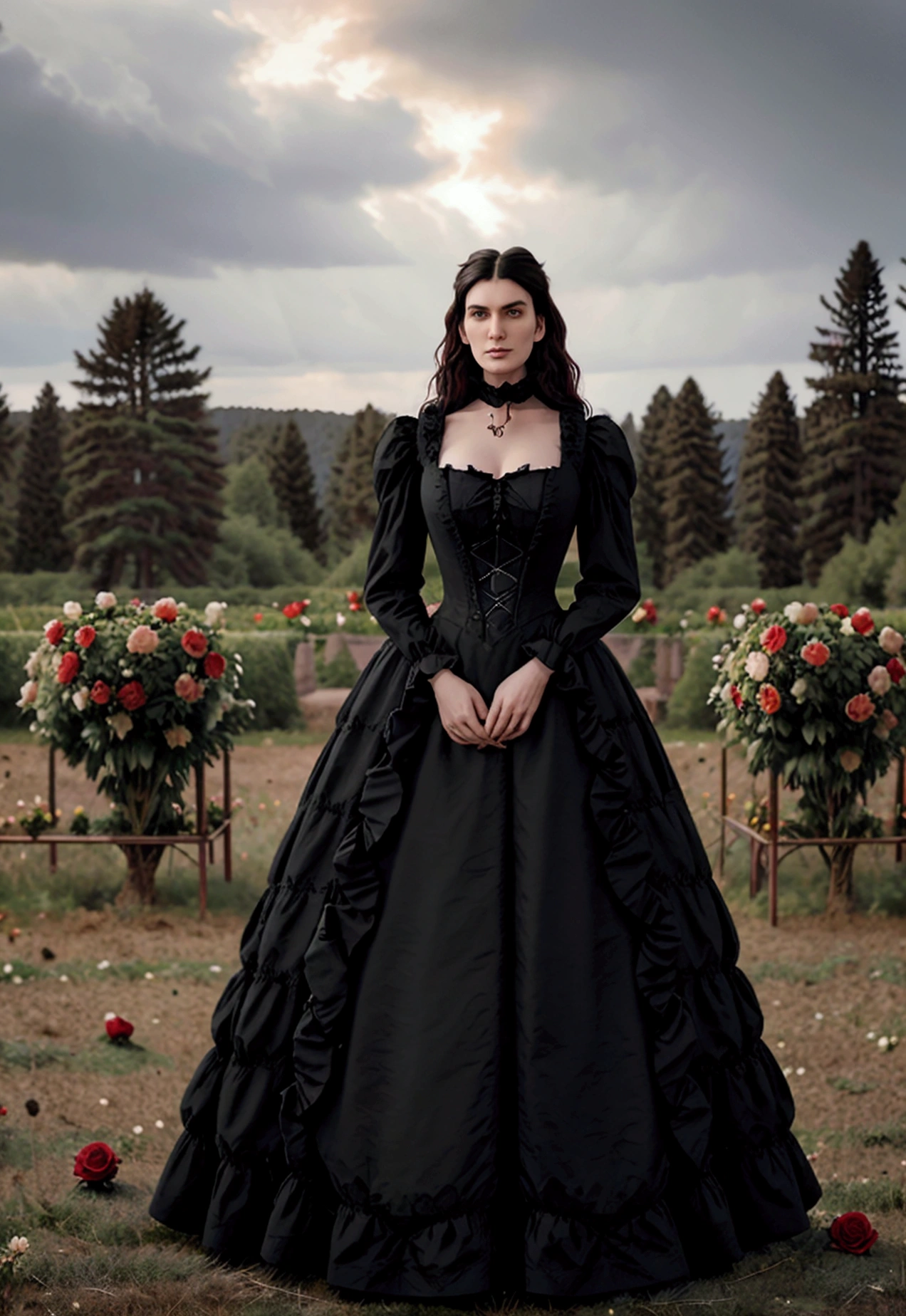 Gothic couple ((He in black Victorian clothes, ruffled neck collar, ruffled sleeve collar, Longhaire pretos, 1,90 metros de altura,Longhaire, straight half wavy, tall similar to Christopher Reeve and Peter Steele)),((ultrarealistic)),((hyper realist)),((the night)),((She in a Victorian dress,Longhaire e pretos, she with 1,58 m)), (( Scenario, in a flower field with roses, cloudy and some distant pine trees and trees near a lake)).