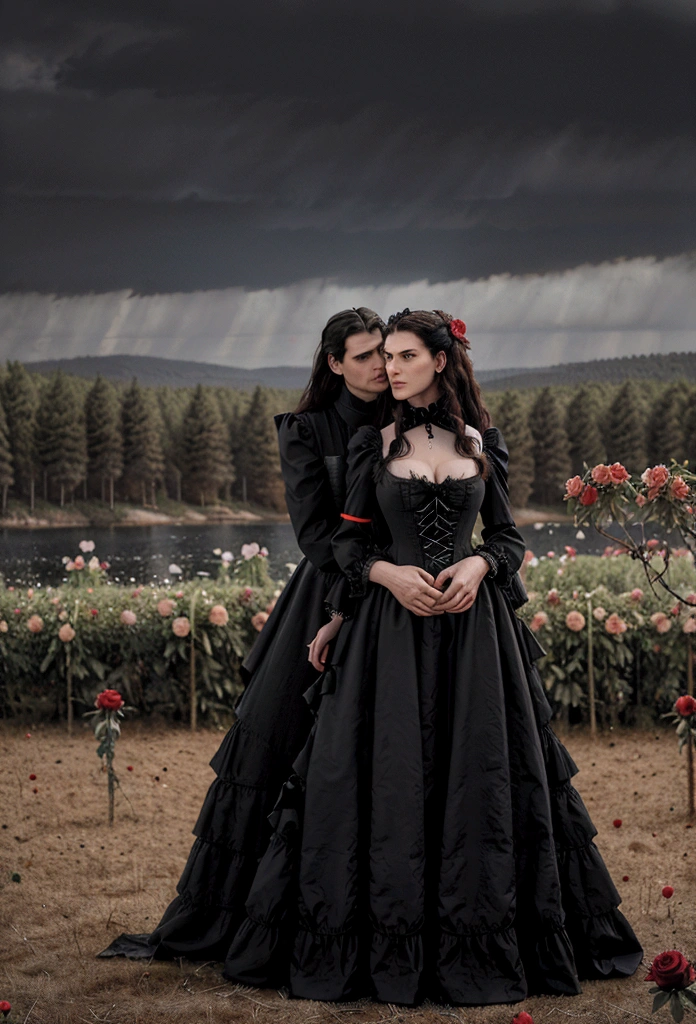 Gothic couple ((He in black Victorian clothes, ruffled neck collar, ruffled sleeve collar, Longhaire pretos, 1,90 metros de altura,Longhaire, straight half wavy, tall similar to Christopher Reeve and Peter Steele)),((ultrarealistic)),((hyper realist)),((the night)),((She in a Victorian dress,Longhaire e pretos, she with 1,58 m)), (( Scenario, in a flower field with rose bushes with black and red roses, cloudy and some distant pine trees and trees near a lake)).