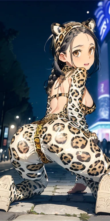 Butt Enhancement Zoom((10 year old girl with braided black hair))Realistically、(Keep your head low、Get on all fours with your butt sticking out、)Emphasize the tail、Open sexy look、Emphasize cleavage、(((Wearing a white leopard print bodysuit)))、Various sexy poses、background (Arc de Triomphe at night)