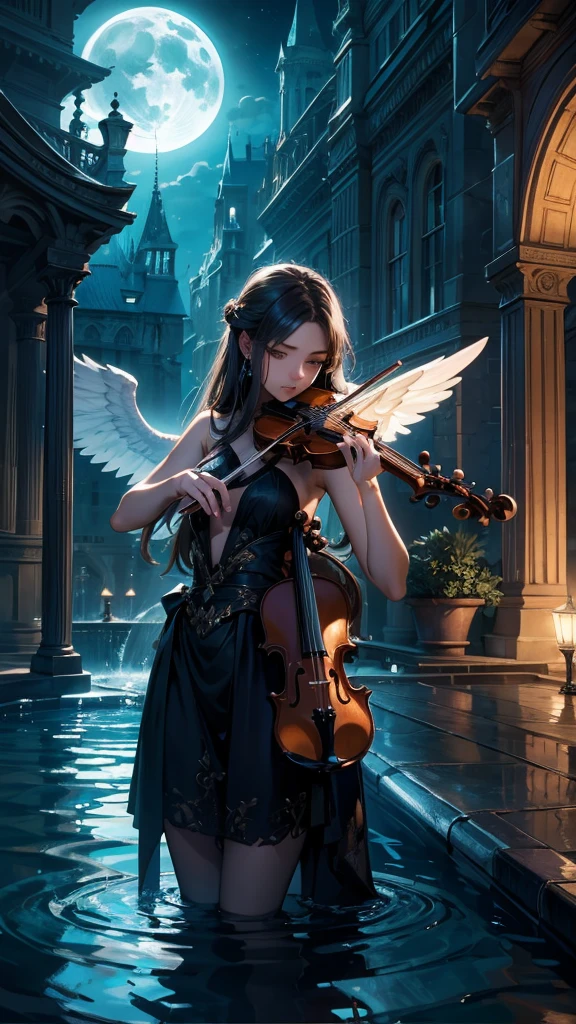 best quality,masterpiece,Ultra-high resolution,(photoactual:1.4),Fantasy,night,Moonlight,European style,Heaven,patio,pool,A 20-year-old,beauty,grace,Female angels,Long hair above waist,Elegant clothing,坐在pool旁,hand playing violin,