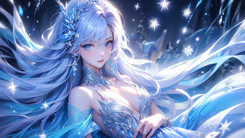(long shot photo:1.5)wood, Exquisite mini ice spikes and crystals, Frozen waterfall in the background, Light reflected by ice crystals, Flowing snowflakes.1 girl, Beautiful woman、pretty girl,A realistic person,Beautiful cleavage,((small breasts))