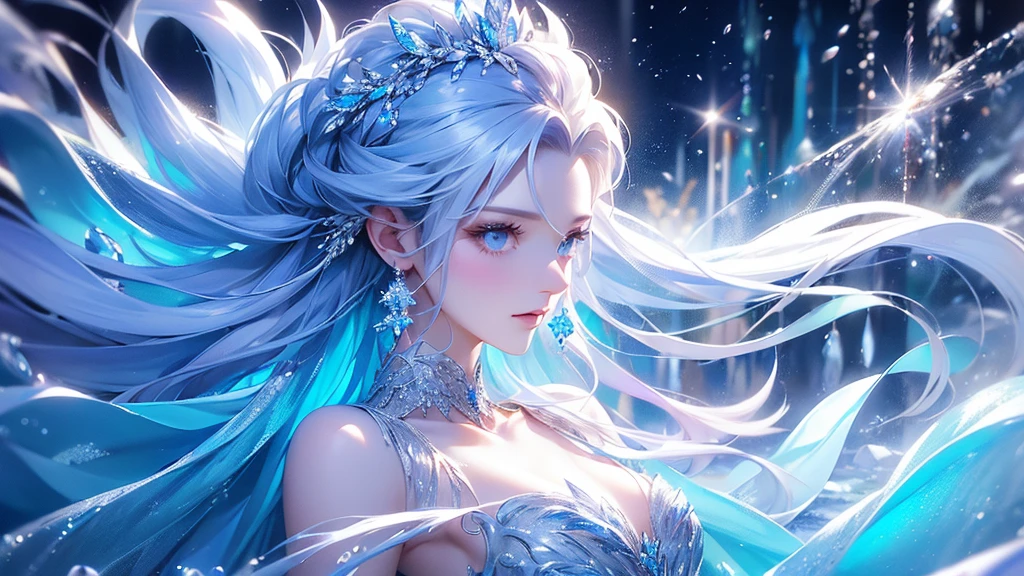 (long shot photo:1.5)wood, Exquisite mini ice spikes and crystals, Frozen waterfall in the background, Light reflected by ice crystals, Flowing snowflakes.1 girl, Beautiful woman、pretty girl,A realistic person,Beautiful cleavage,((small breasts))