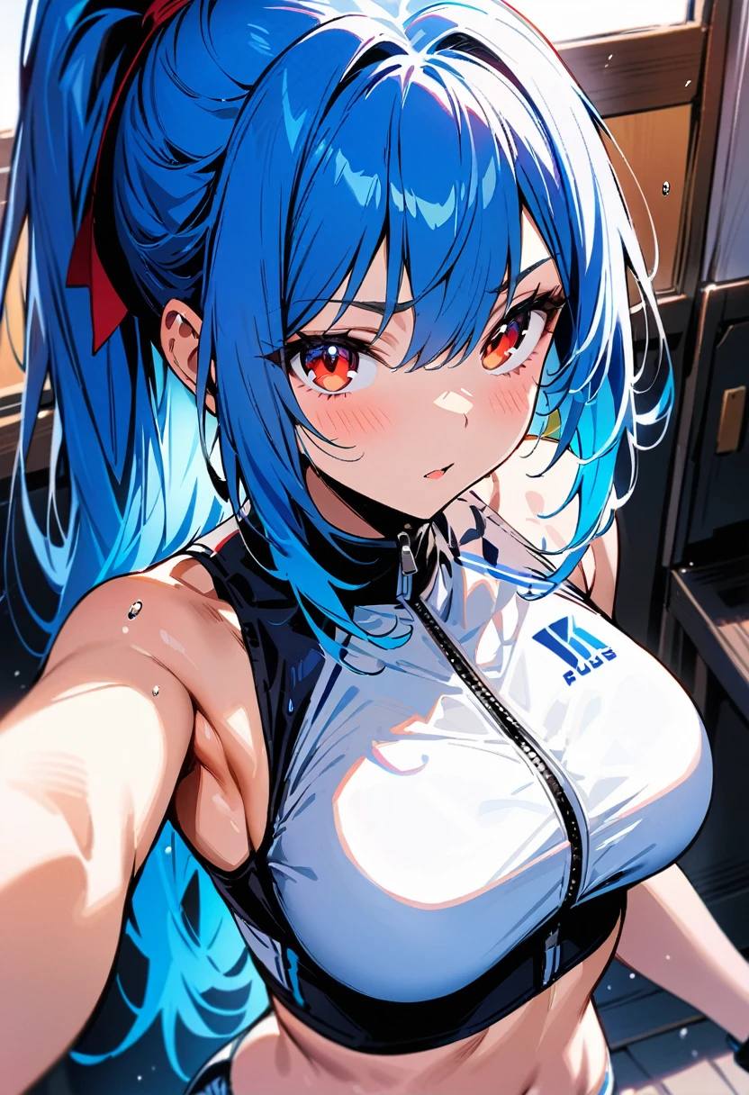 Highly detailed, High quality, masterpiece, best quality, 1girl, red eyes, blue hair, long hair, high ponytail, sports bikini