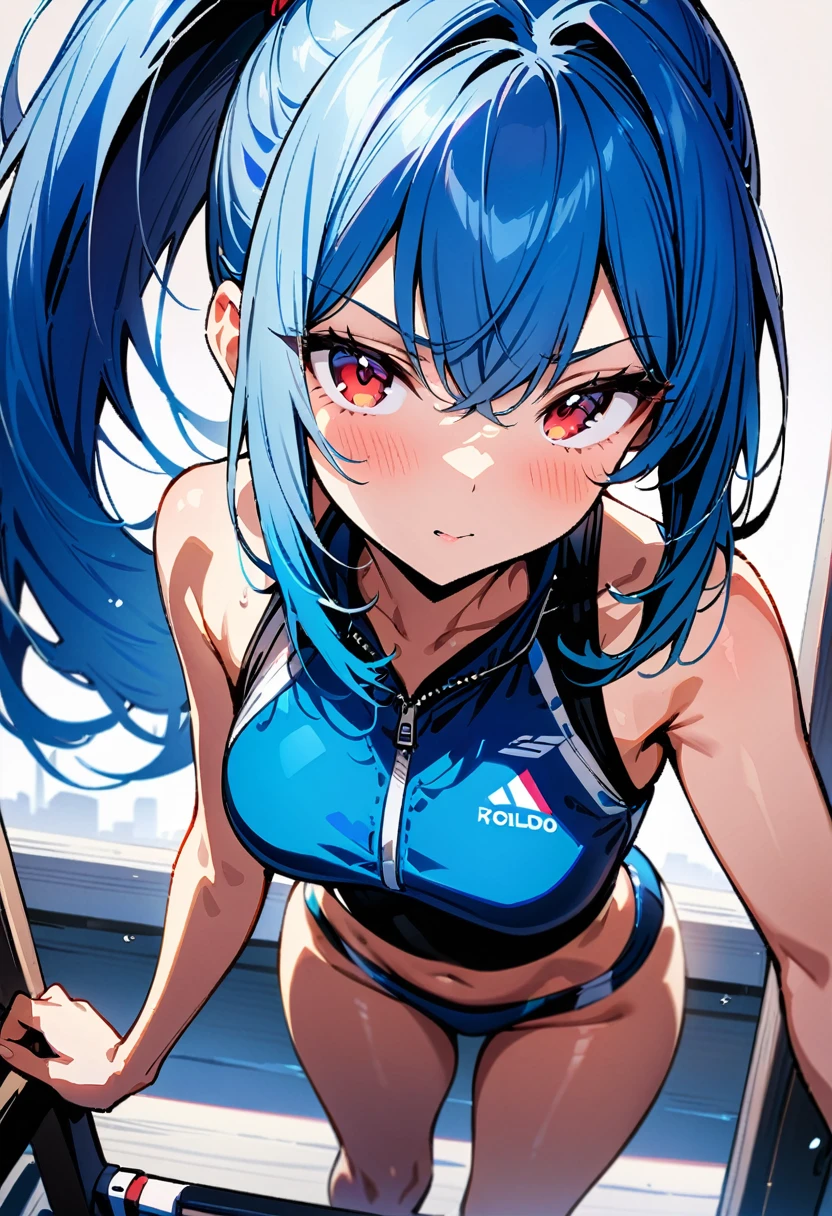 Highly detailed, High quality, masterpiece, best quality, 1girl, red eyes, blue hair, long hair, high ponytail, sports bikini