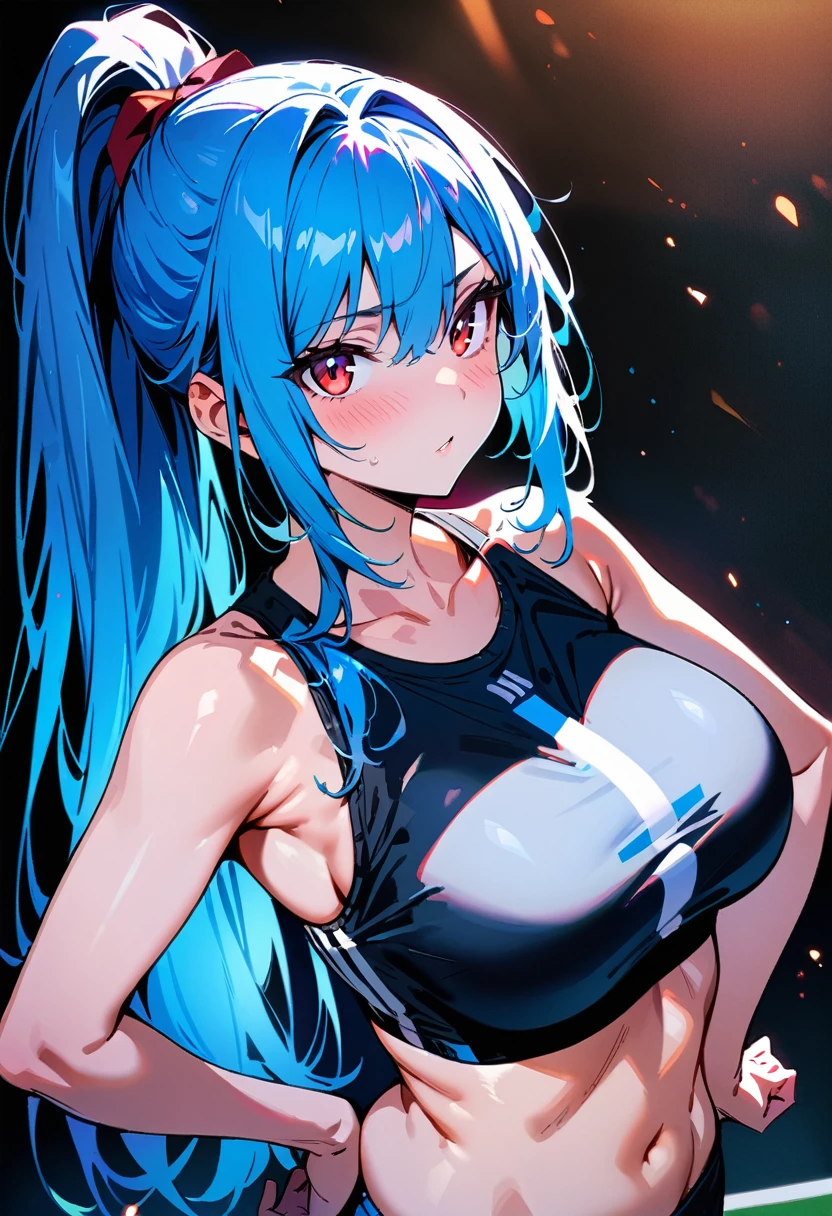 Highly detailed, High quality, masterpiece, best quality, 1girl, red eyes, blue hair, long hair, high ponytail, sports bikini