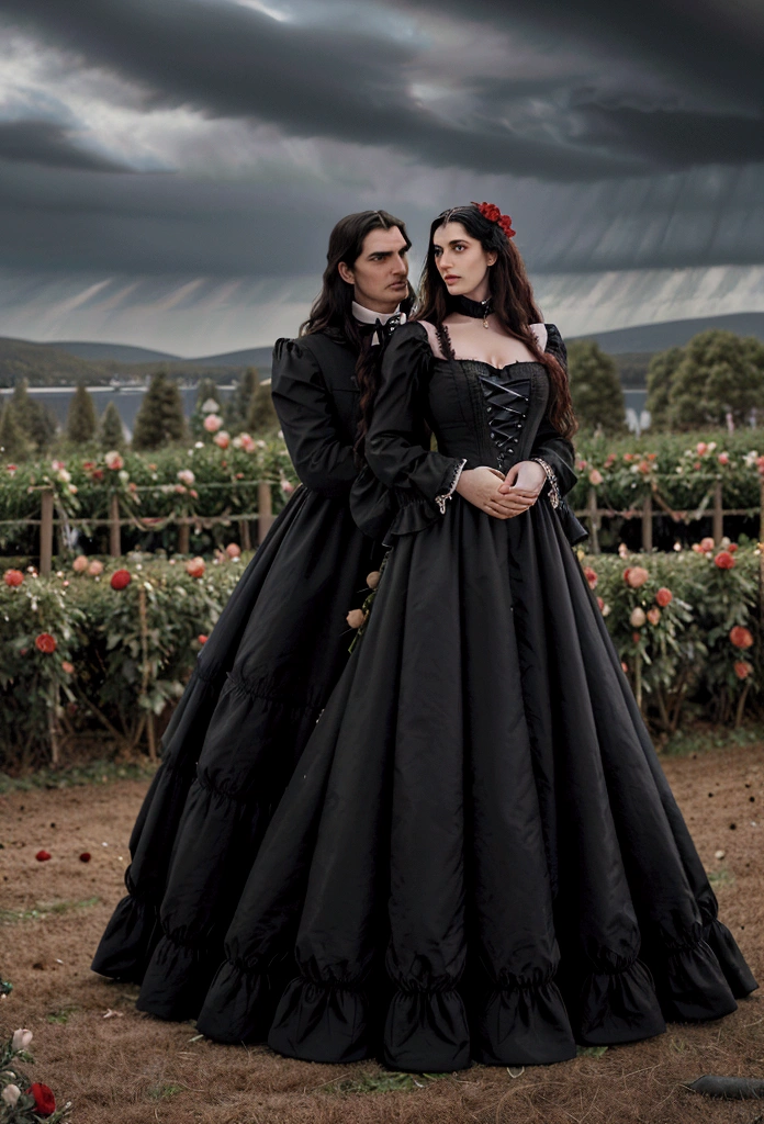 Gothic couple ((He in black Victorian clothes, ruffled neck collar, ruffled sleeve collar, Longhaire pretos, 1,90 metros de altura,Longhaire, straight half wavy, tall similar to Christopher Reeve and Peter Steele)),((ultrarealistic)),((hyper realist)),((the night)),((She in a Victorian dress,Longhaire e pretos, she with 1,58 m)), (( Scenario, in a flower field with rose bushes with black and red roses, cloudy and some distant pine trees and trees near a lake)).